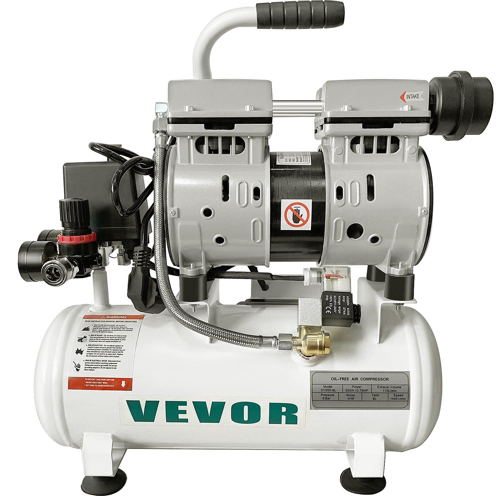 VEVOR Compressore d'Aria Senza Olio Ultra Silenzioso da 2 Galloni, Compressore Silenziato, Compressore d'Aria 550 W, Rumorosità meno 48 dB, Compressore d'aria Portatile Senza Olio