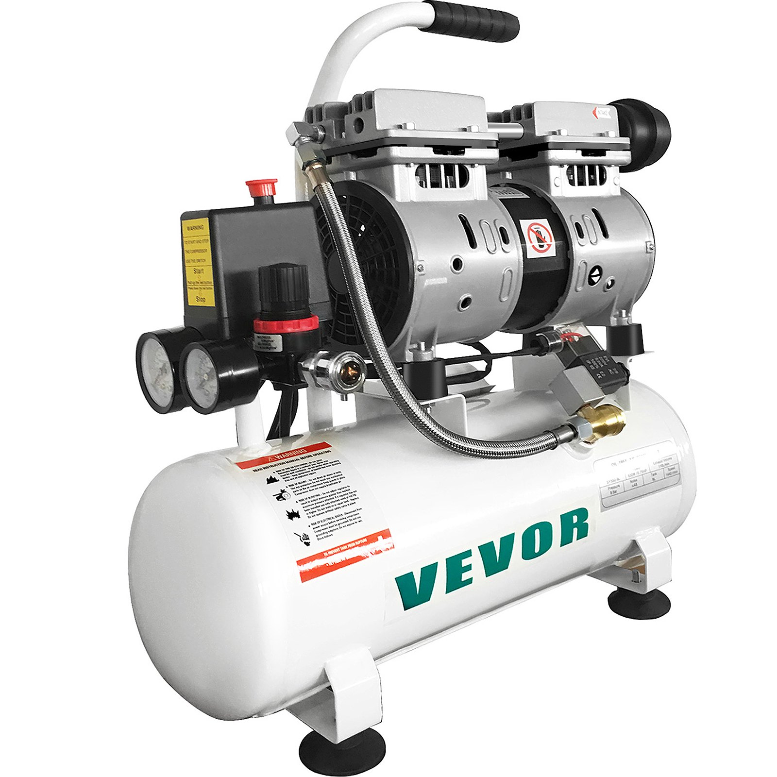 VEVOR Compressore d'Aria Senza Olio Ultra Silenzioso da 2 Galloni, Compressore Silenziato, Compressore d'Aria 550 W, Rumorosità meno 48 dB, Compressore d'aria Portatile Senza Olio