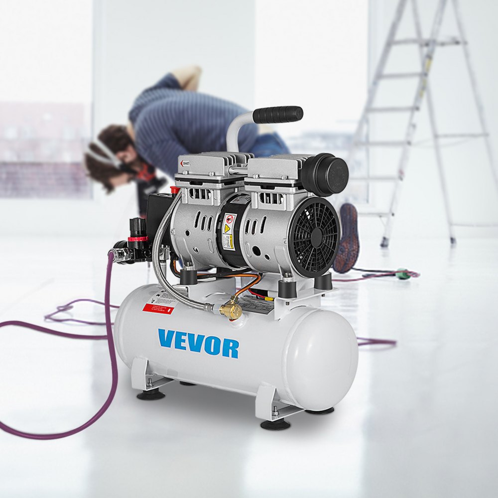 VEVOR Compressore d'Aria Senza Olio Ultra Silenzioso da 2 Galloni, Compressore Silenziato con Motore in Rame Puro, Compressore d'Aria 550 W, Rumorosità meno 48 dB, Compressore d'aria Portatile