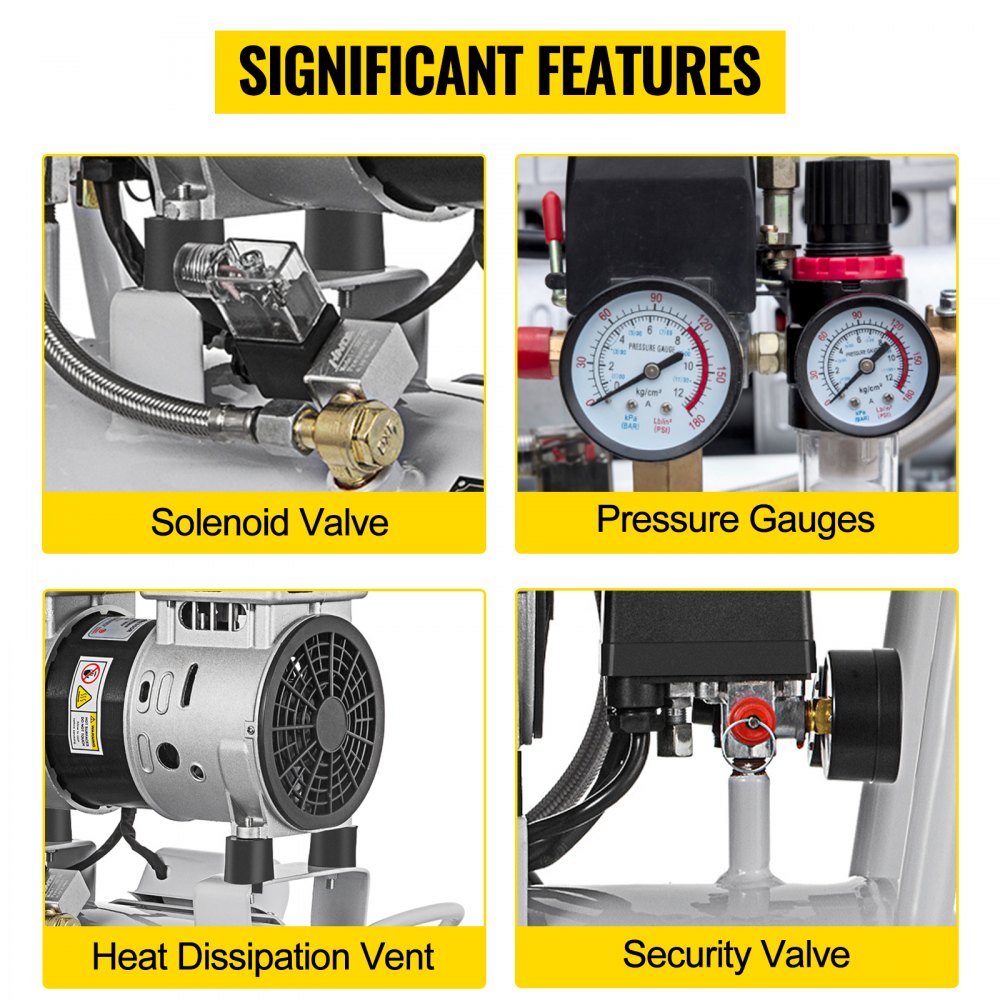VEVOR Compressore d'Aria Senza Olio Ultra Silenzioso da 6,6 Galloni, Compressore Silenziato, Compressore d'Aria 750 W, Rumorosità meno 60 dB, Compressore d'aria Portatile Senza Olio