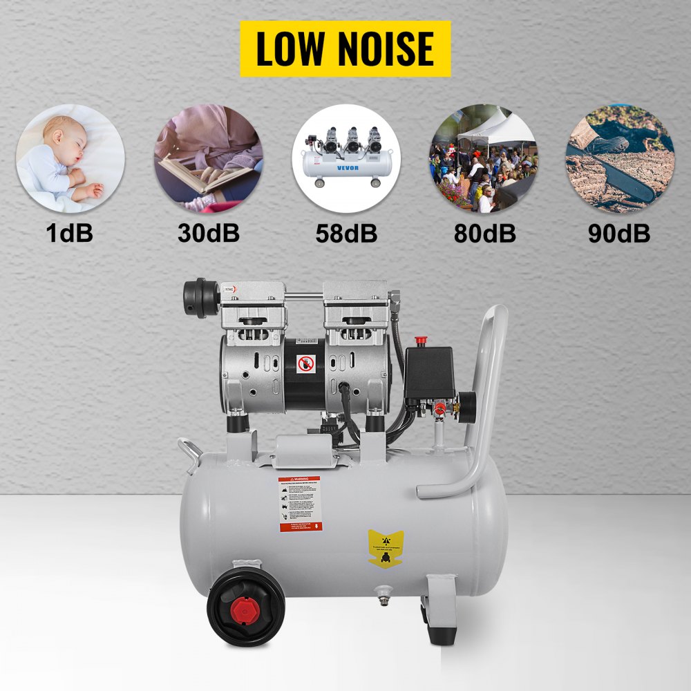 VEVOR Compressore d'Aria Senza Olio Ultra Silenzioso da 6,6 Galloni, Compressore Silenziato, Compressore d'Aria 750 W, Rumorosità meno 60 dB, Compressore d'aria Portatile Senza Olio