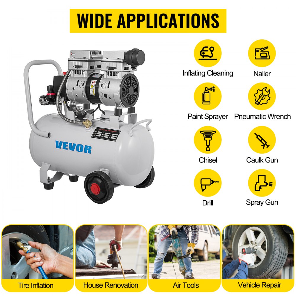 VEVOR Compressore d'Aria Senza Olio Ultra Silenzioso da 6,6 Galloni, Compressore Silenziato, Compressore d'Aria 750 W, Rumorosità meno 60 dB, Compressore d'aria Portatile Senza Olio