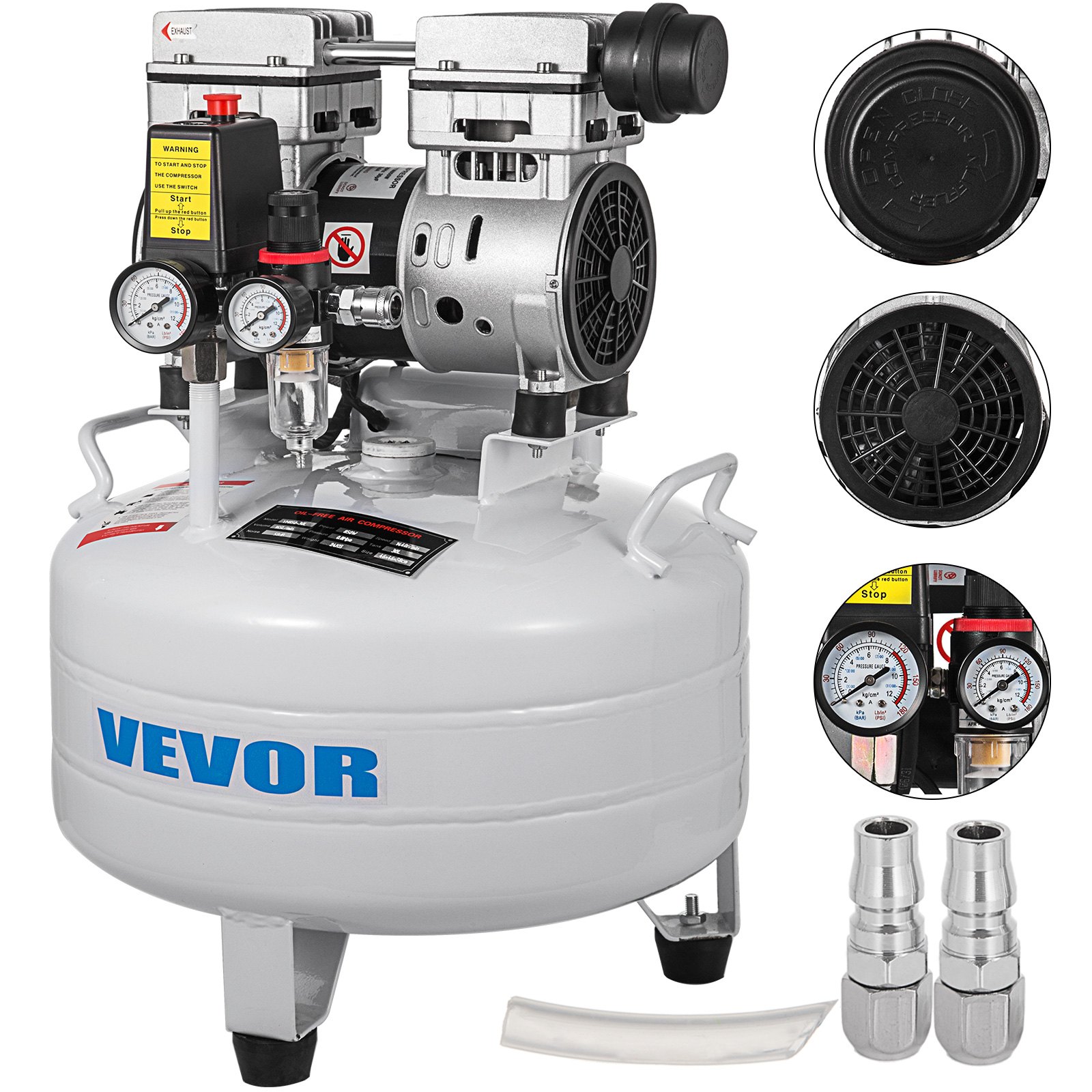 VEVOR Compressore d'Aria Senza Olio Ultra Silenzioso da 6,6 Galloni, Compressore Silenziato, Compressore d'Aria 850 W, Rumorosità meno 48 dB, Compressore d'aria Portatile Senza Olio Verticale