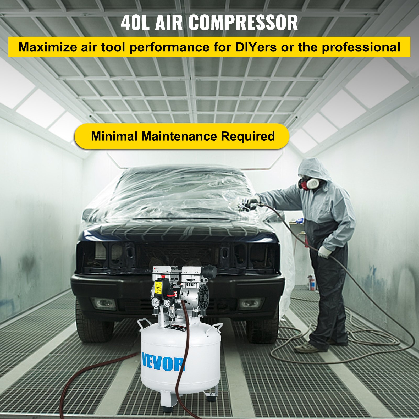 VEVOR Compressore d'Aria Senza Olio Ultra Silenzioso da  8.8 Galloni, Compressore Silenziato, Compressore d'Aria 850 W, Rumorosità meno 48 dB, Compressore d'aria Portatile Senza Olio Verticale