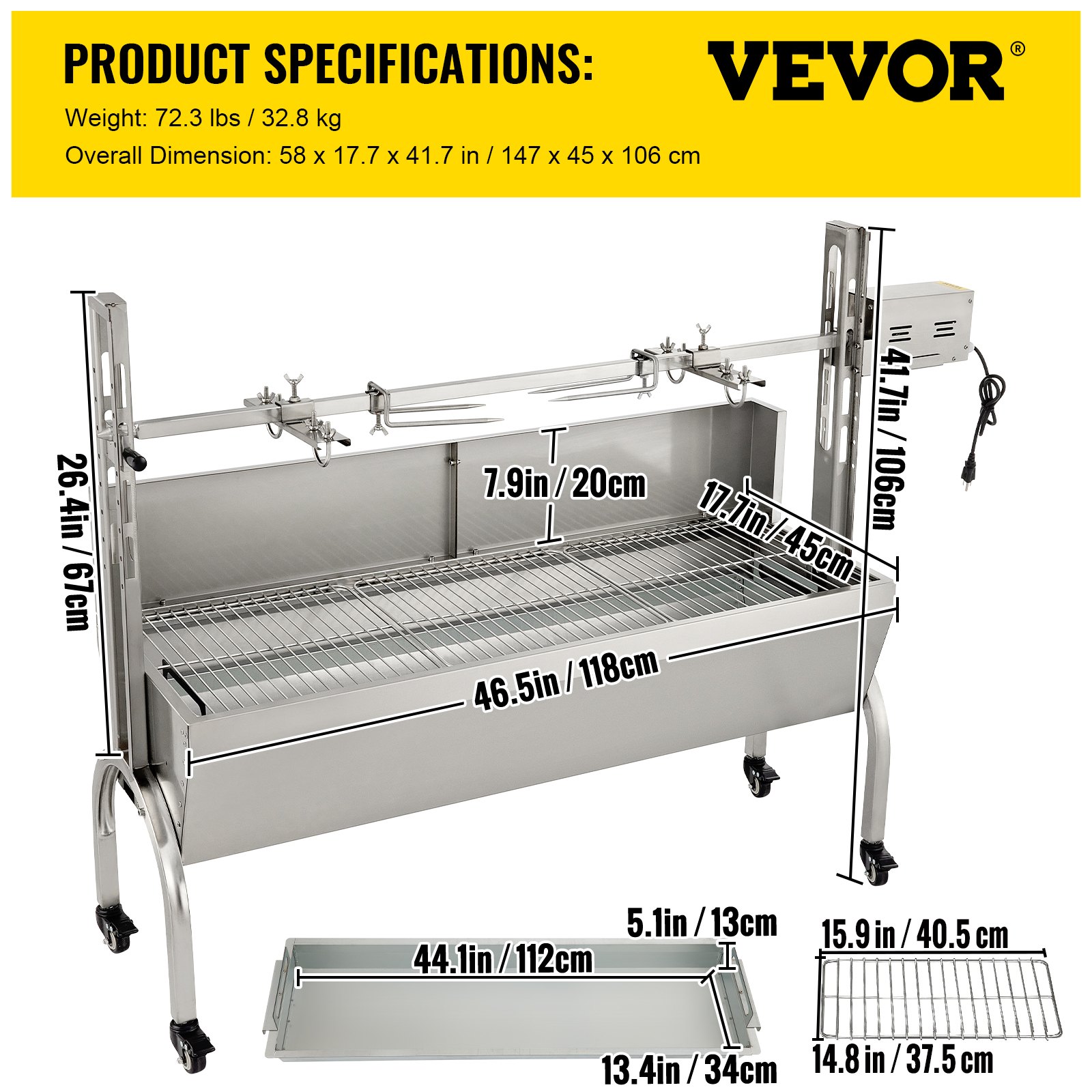 VEVOR Girarrosto Elettrico 40W in Acciaio Inox con Griglia Forchetta per Agnello Tacchino Barbecue Esterno da Campeggio Carico Max 60kg Set Girarrosto