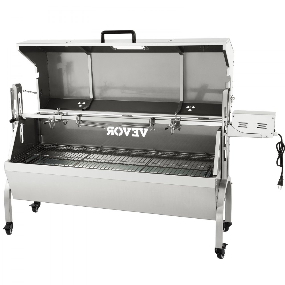 VEVOR Girarrosto Elettrico 40W in Acciaio Inox con Griglia Forchetta per Agnello Tacchino Pollo da Esterno Campeggio Carico Max. 60kg, Set Girarrosto Elettrico con Coperchio Maniglia in Acciaio Inox
