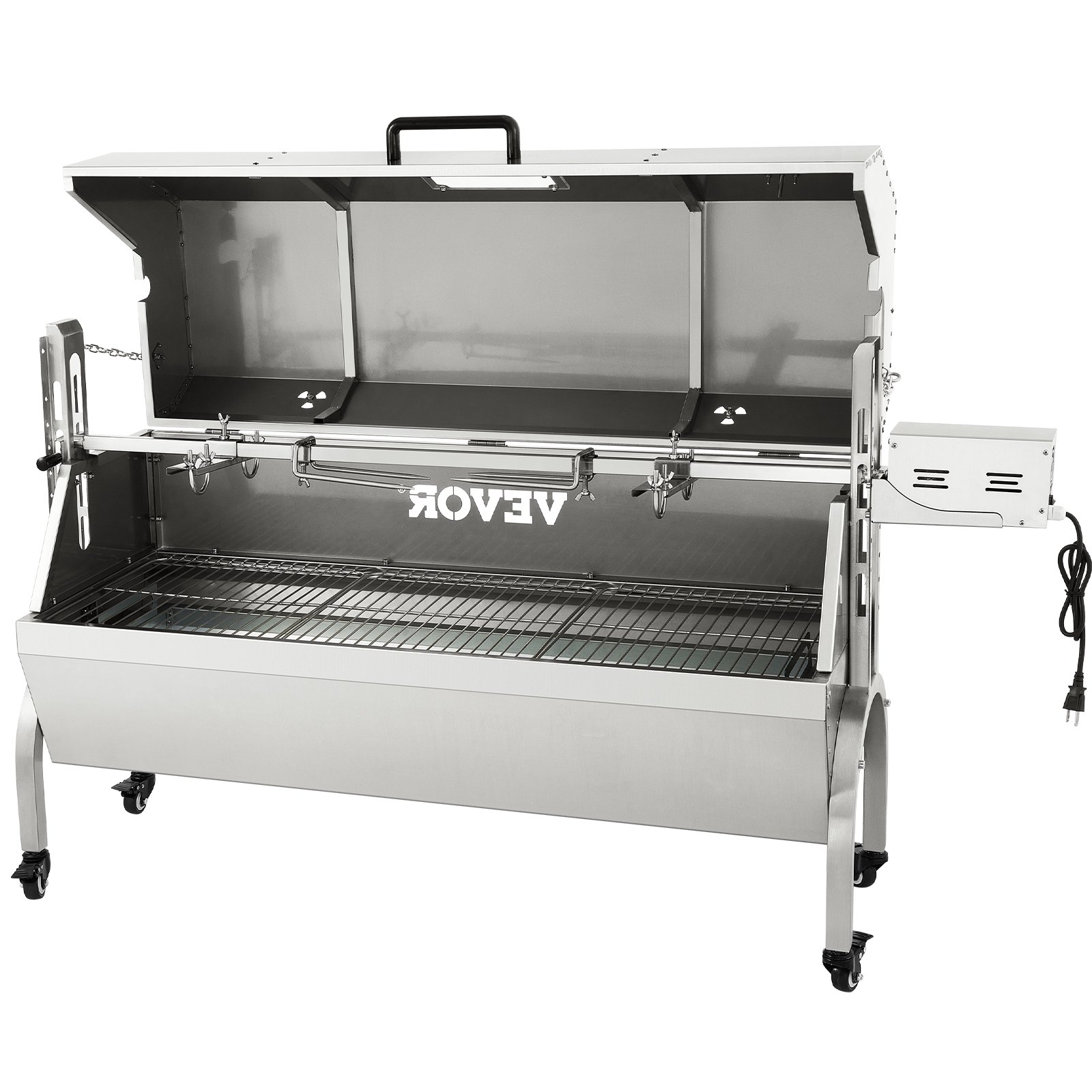 VEVOR Girarrosto Elettrico 40W in Acciaio Inox con Griglia Forchetta per Agnello Tacchino Pollo da Esterno Campeggio Carico Max. 60kg, Set Girarrosto Elettrico con Coperchio Maniglia in Acciaio Inox