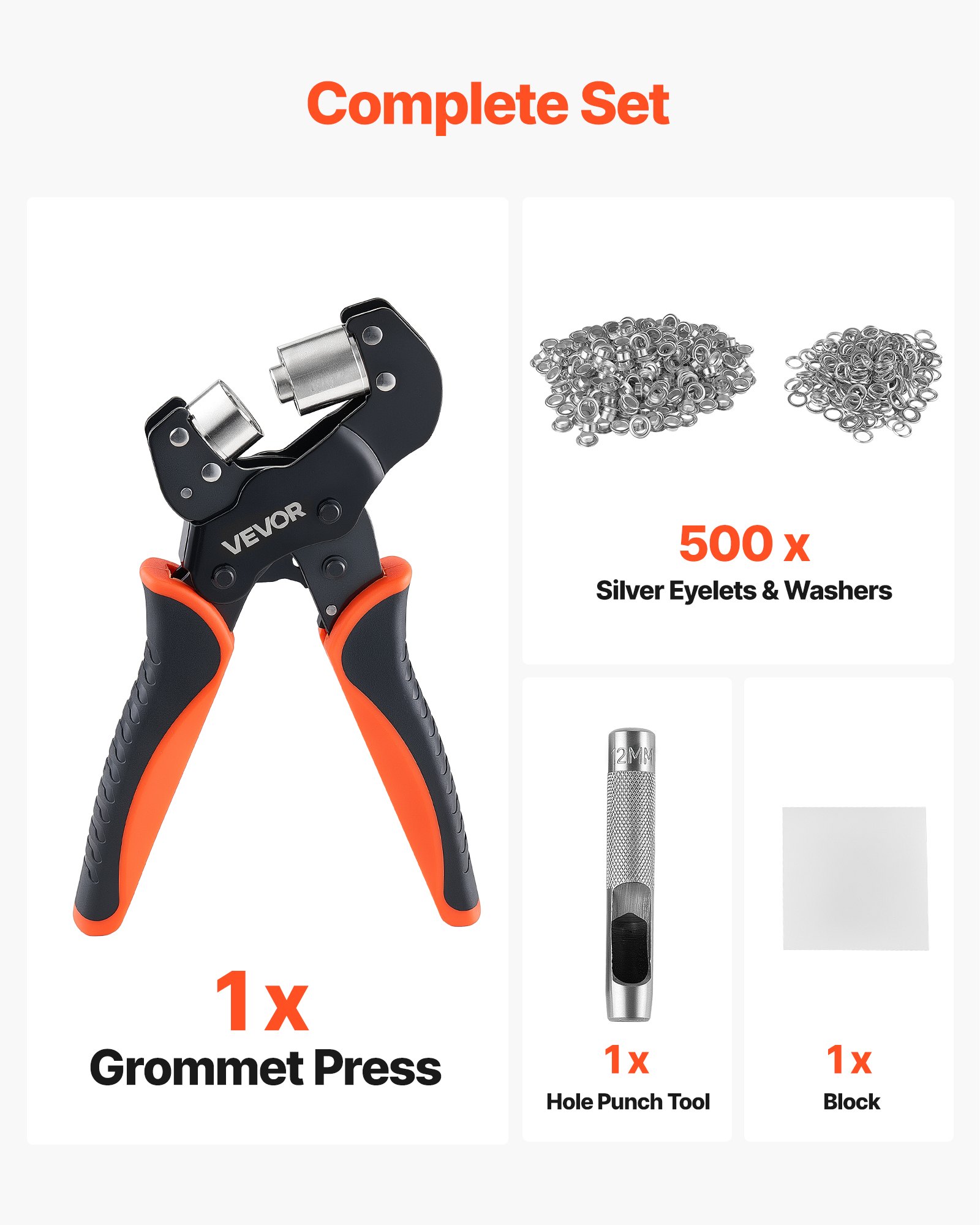 VEVOR Kit Occhiellatrice da 12 mm con 500 Occhielli Argentati e Rondelle, Pinza Manuale Perforatrice e Blocco, per Fai Da Te Stoffe Tessuti Pelle Teloni Scarpe Borse Artigianato e Prodotti Tessili