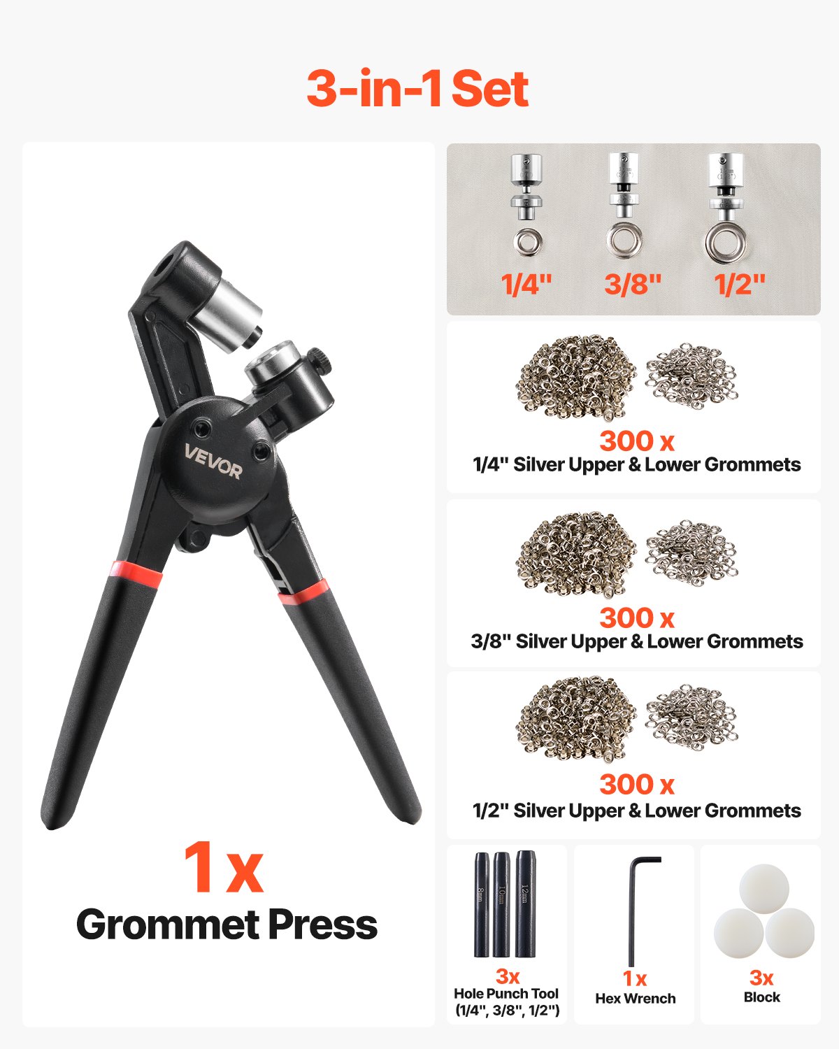 VEVOR Kit di Strumenti per Occhielli, 900 Pezzi, Occhielli in Metallo da 6/10/12 mm Diverse Dimensioni, con Pinza Manuale per Occhielli, Perforatore e Blocco, per Teloni in Pelle, Scarpe, Cinture