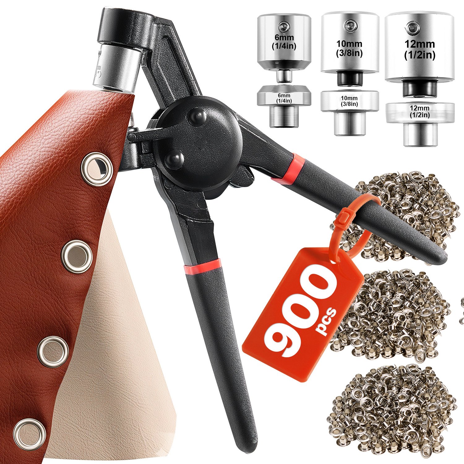 VEVOR Kit di Strumenti per Occhielli, 900 Pezzi, Occhielli in Metallo da 6/10/12 mm Diverse Dimensioni, con Pinza Manuale per Occhielli, Perforatore e Blocco, per Teloni in Pelle, Scarpe, Cinture