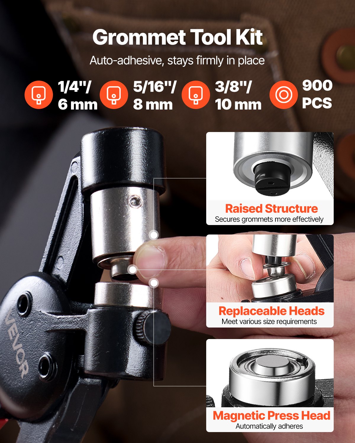 VEVOR Kit di Strumenti per Occhielli, 900 Pezzi, Occhielli in Metallo da 6/8/10 mm Diverse Dimensioni, con Pinza Manuale per Occhielli, Perforatore e Blocco, per Teloni in Pelle, Scarpe, Cinture