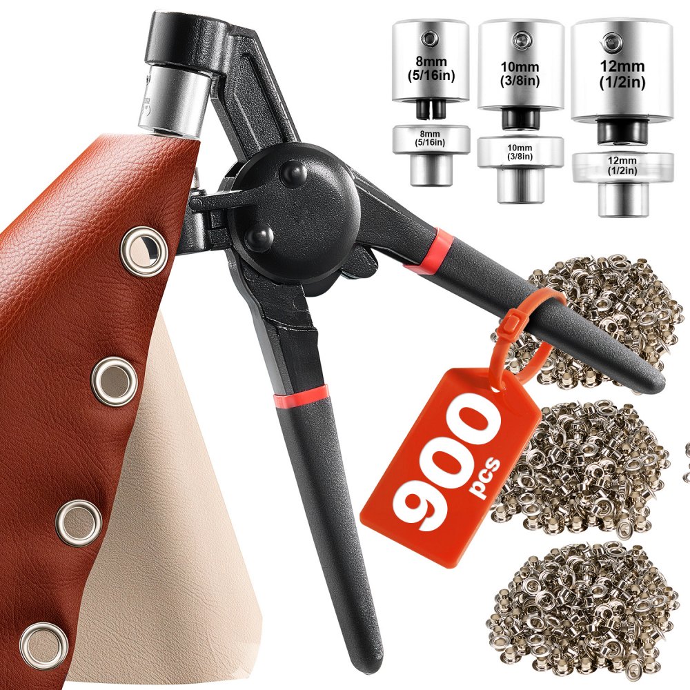VEVOR Kit di Strumenti per Occhielli, 900 Pezzi, Occhielli in Metallo da 8/10/12 mm Diverse Dimensioni, con Pinza Manuale per Occhielli, Perforatore e Blocco, per Teloni in Pelle, Scarpe, Cinture