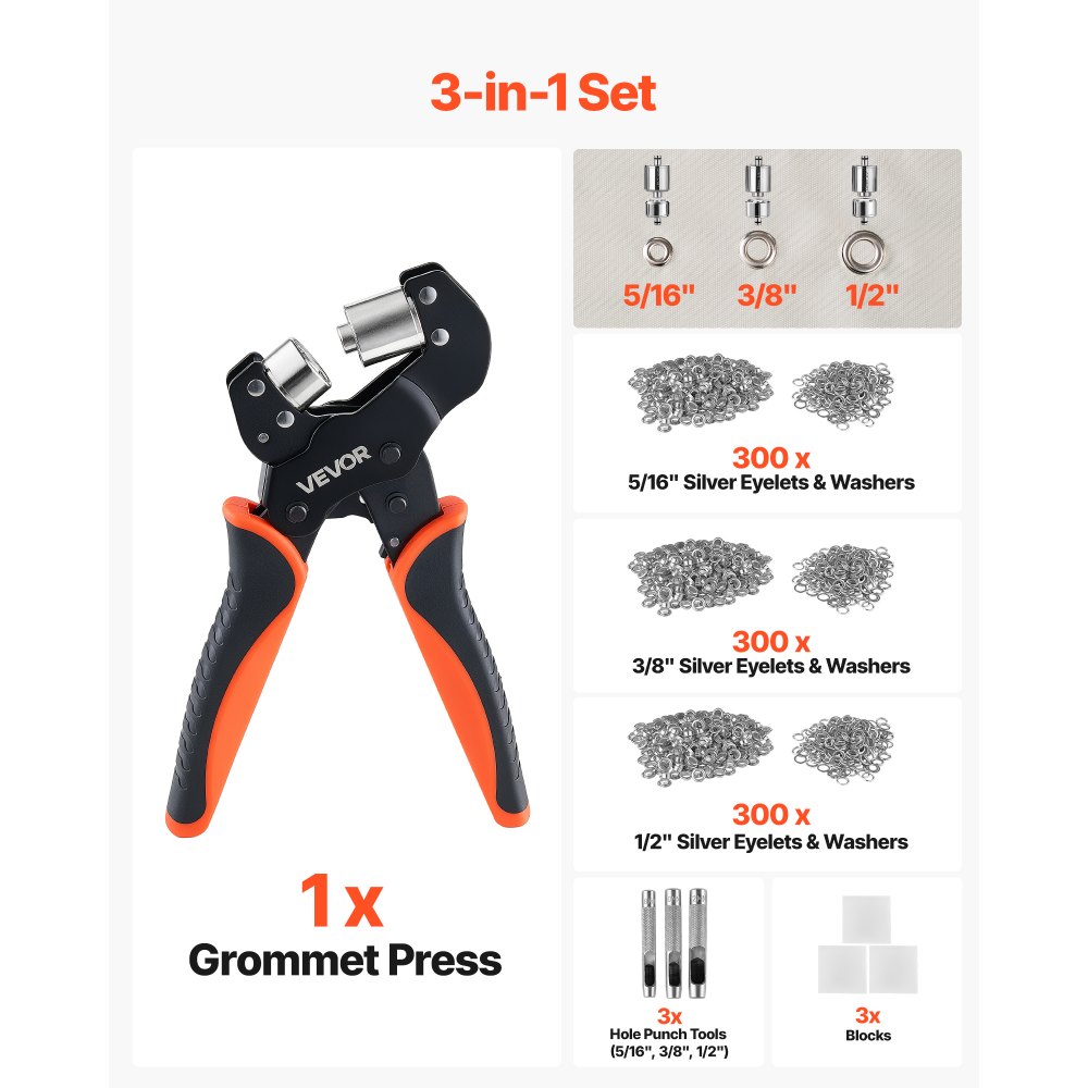 VEVOR Kit 900 Pezzi di Pinza e Accessori per Occhielli da 8/10/12 mm, Attrezzi con Occhielli e Rondelle, per Pressare Manualmente Punzoni Blocchi, per Pelle Teloni Scarpe Borse Artigianato Tessuto