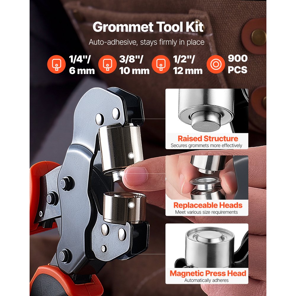 VEVOR Kit di Attrezzi per Occhielli da 6/10/12 mm 900 Pezzi con Rondelle, Pressa Occhiellatrice Manuale Punzoni Blocchi, per Pelle Cuoio Teloni Scarpe Artigianato Tessuto Lavori Fai Da Te Domestici