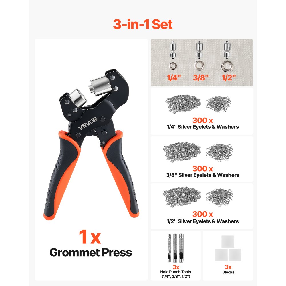 VEVOR Kit di Attrezzi per Occhielli da 6/10/12 mm 900 Pezzi con Rondelle, Pressa Occhiellatrice Manuale Punzoni Blocchi, per Pelle Cuoio Teloni Scarpe Artigianato Tessuto Lavori Fai Da Te Domestici