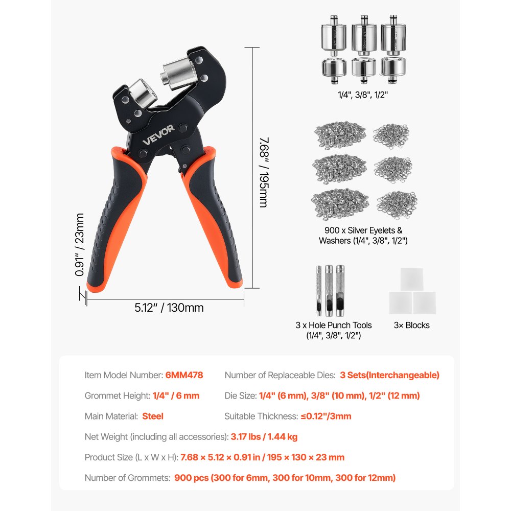 VEVOR Kit di Attrezzi per Occhielli da 6/10/12 mm 900 Pezzi con Rondelle, Pressa Occhiellatrice Manuale Punzoni Blocchi, per Pelle Cuoio Teloni Scarpe Artigianato Tessuto Lavori Fai Da Te Domestici