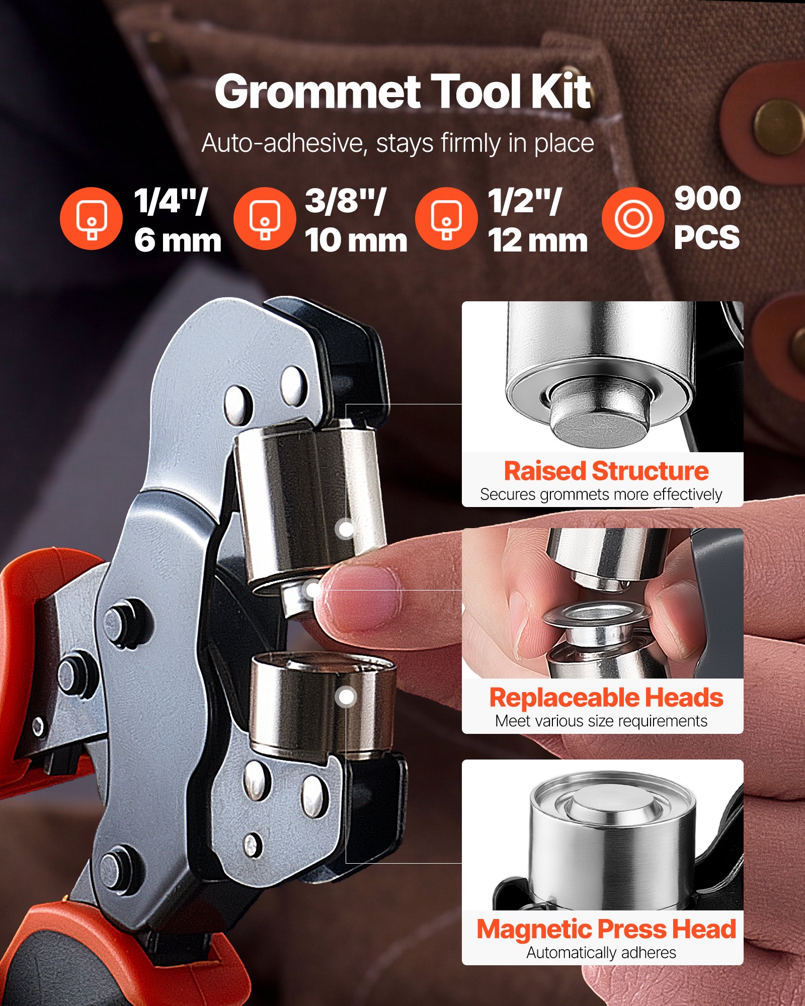 VEVOR Kit di Attrezzi per Occhielli da 6/10/12 mm 900 Pezzi con Rondelle, Pressa Occhiellatrice Manuale Punzoni Blocchi, per Pelle Cuoio Teloni Scarpe Artigianato Tessuto Lavori Fai Da Te Domestici