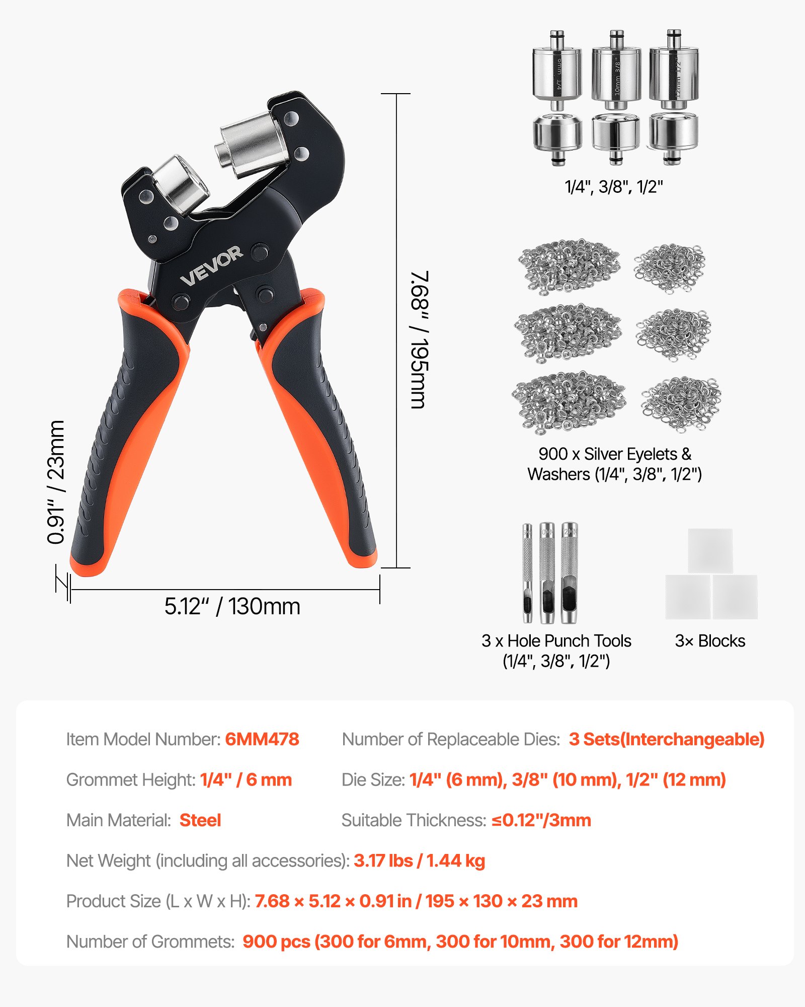 VEVOR Kit di Attrezzi per Occhielli da 6/10/12 mm 900 Pezzi con Rondelle, Pressa Occhiellatrice Manuale Punzoni Blocchi, per Pelle Cuoio Teloni Scarpe Artigianato Tessuto Lavori Fai Da Te Domestici