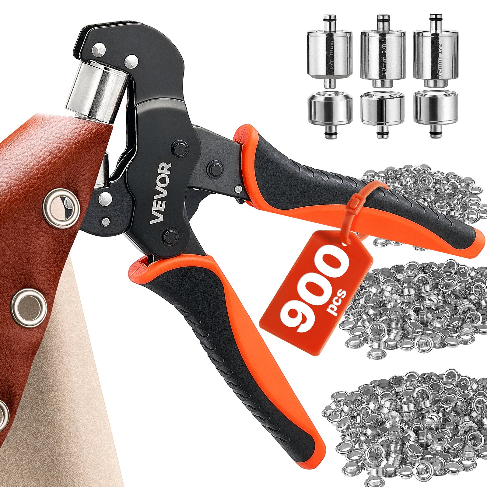 VEVOR Kit di Attrezzi per Occhielli da 6/10/12 mm 900 Pezzi con Rondelle, Pressa Occhiellatrice Manuale Punzoni Blocchi, per Pelle Cuoio Teloni Scarpe Artigianato Tessuto Lavori Fai Da Te Domestici