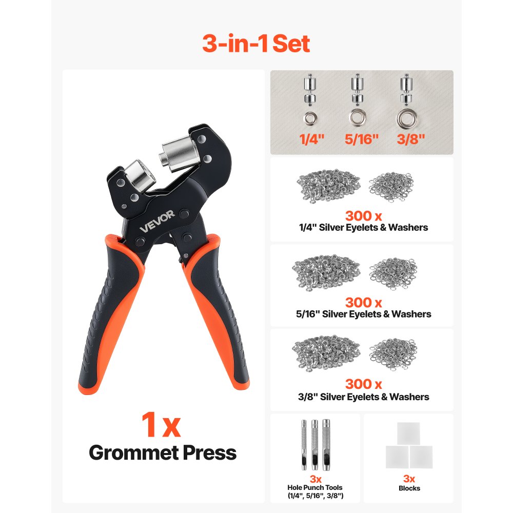 VEVOR Kit di Attrezzi per Occhielli da 6/8/10 mm 900 Pezzi con Rondelle, Pinza Occhiellatrice Manuale, Strumento per Forare Blocchi per Pelle Cuoio Teloni Scarpe Artigianato Tessuto Lavori Fai Da Te