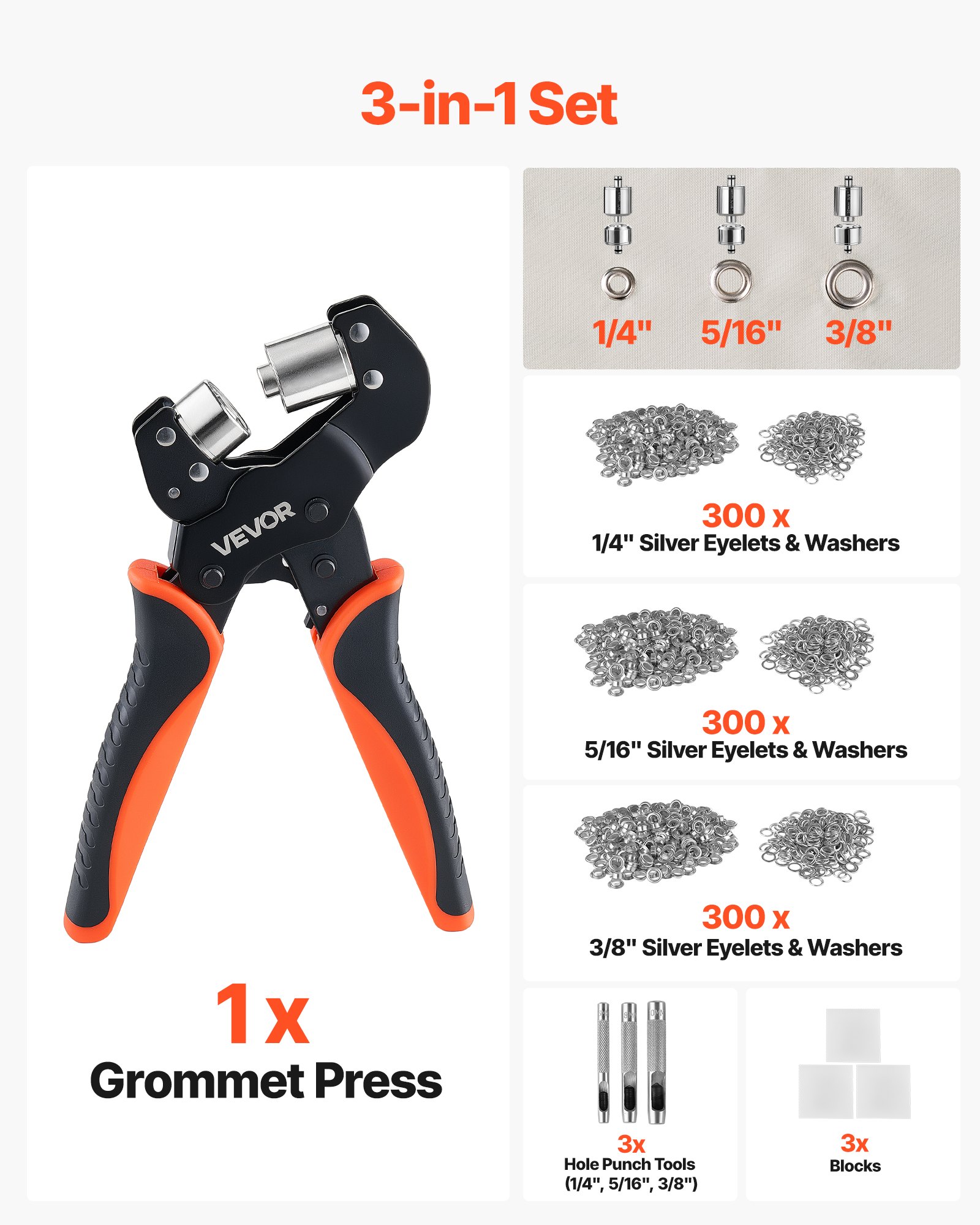 VEVOR Kit di Attrezzi per Occhielli da 6/8/10 mm 900 Pezzi con Rondelle, Pinza Occhiellatrice Manuale, Strumento per Forare Blocchi per Pelle Cuoio Teloni Scarpe Artigianato Tessuto Lavori Fai Da Te