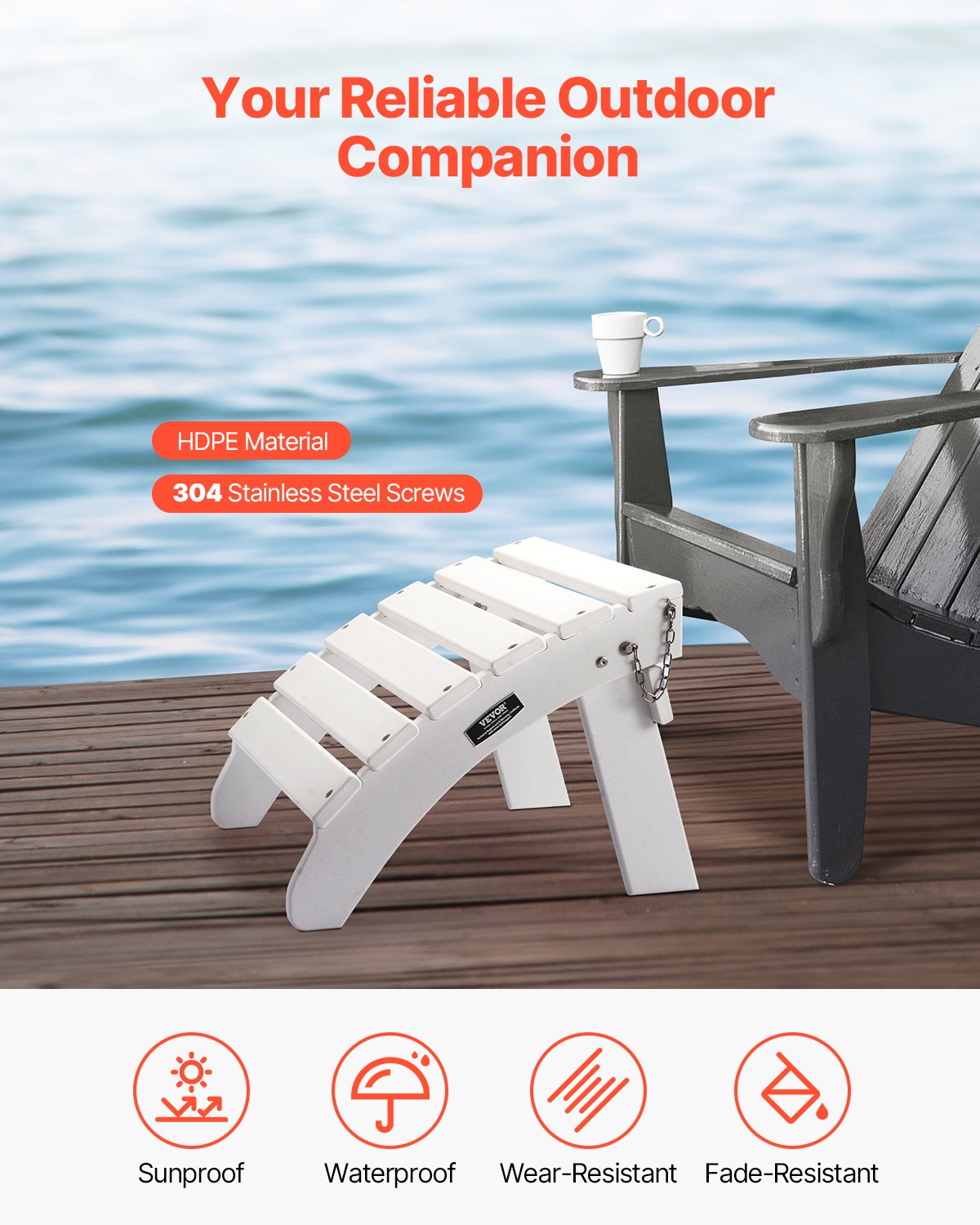 VEVOR Pouf Adirondack Pieghevole in Plastica HDPE, Pouf Adirondack Resistente alle Intemperie per Patio Poggiapiedi per Sedia Adirondack, Utilizzato per Esterni Portico Piscina Prato Cortile, Bianco