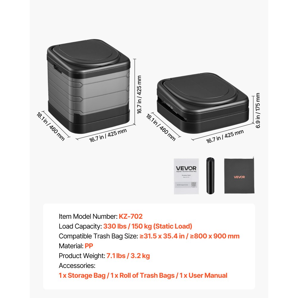 VEVOR Toilette da Campeggio Pieghevole Portatile Carico max. 150 kg, WC Portatile Mobile per Campeggio Viaggio Pesca Camper Casa con Borsa per Trasporto Sacchi di Spazzatura Materiale di PP