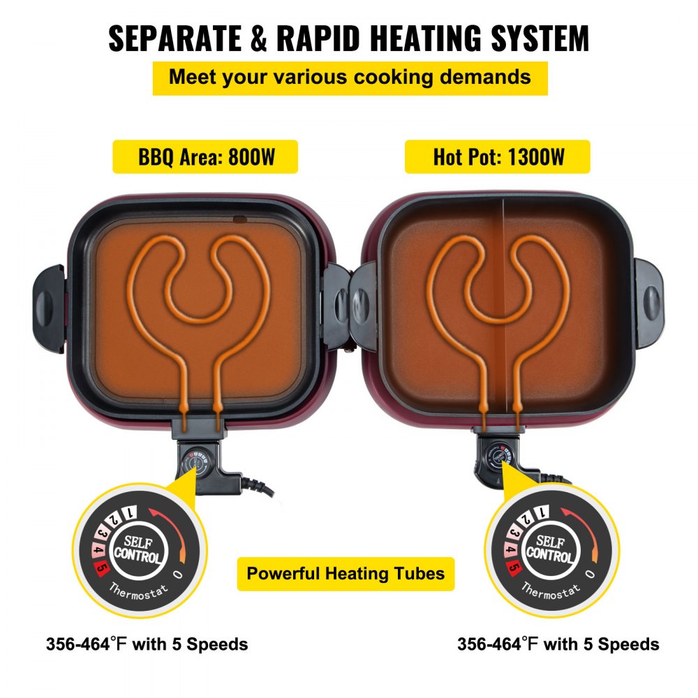 VEVOR Pentola Calda 3,6L Hot Pot Piastra Griglia 800W Elettrica Pieghevole Uso Casalingo per Eventi Interni, Pentola Griglia BBQ Elettrica Domestica Controllo Doppio di Temperatura Design Pieghevole