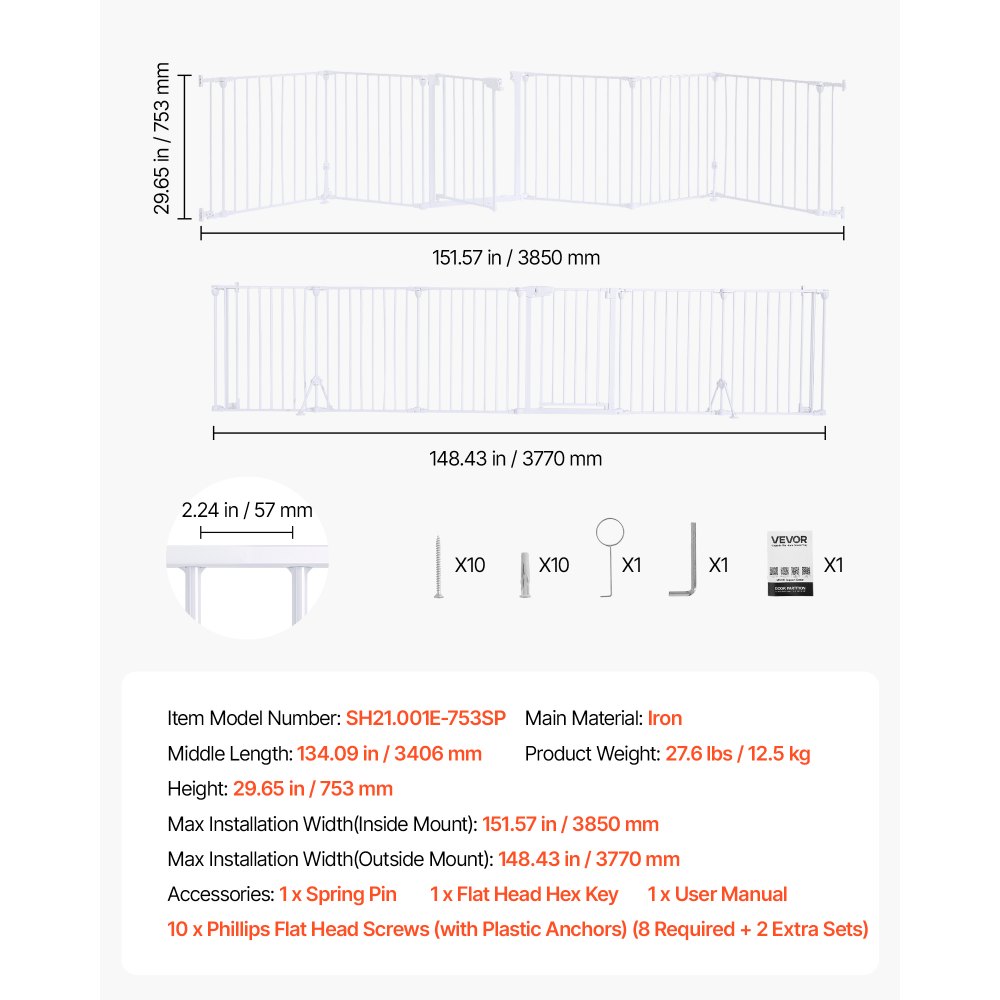VEVOR Freestanding Dog Gate 753 mm Tall 6-Panel Foldable Metal Gate White, For Stairs Doorways, Dual-Triangle Support, Sturdy Metal Construction, Freestanding or Wall Mount, Flexible Shapes, Easy Fit