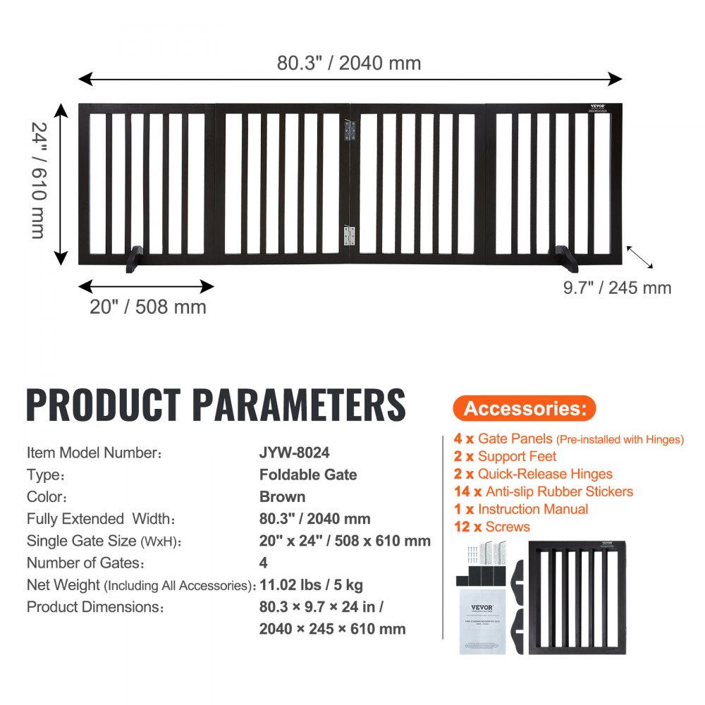 VEVOR Cancello per Cani Autoportante, Cancello per Animali, Cancello per Porta 508 x 610 mm Cancello per Cani Pieghevole Barriera per Cani Pieghevole Espandibile, Cancello per Scale Marrone