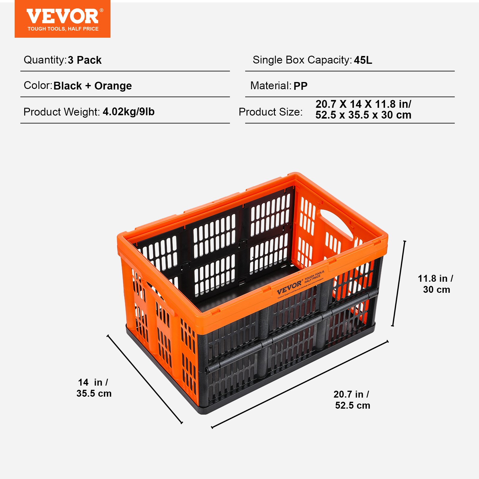 VEVOR Contenitore Pieghevole Portaoggetti in Plastica Scatola di Stoccaggio 3 Pz Portabile Campeggio Viaggio Auto, Contenitore Pieghevole Capacità 45L con Maniglie Uso Esterno Interno Nero Arancione