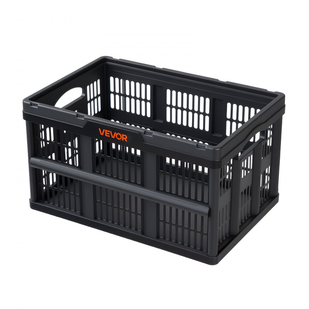 VEVOR Scatole Portaoggetti Pieghevoli in Plastica 45 L, Cassette Pieghevoli Impilabili con Maniglie, Confezione da 3, Portata Massima 15 kg, Cesti Contenitori Pieghevoli Resistenti e Salvaspazio, Nero