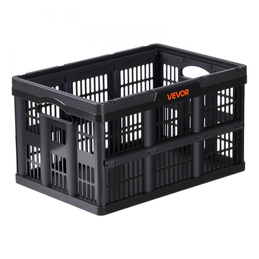 VEVOR Scatole Portaoggetti Pieghevoli in Plastica 45 L, Cassette Pieghevoli Impilabili con Maniglie, Confezione da 3, Portata Massima 15 kg, Cesti Contenitori Pieghevoli Resistenti e Salvaspazio, Nero