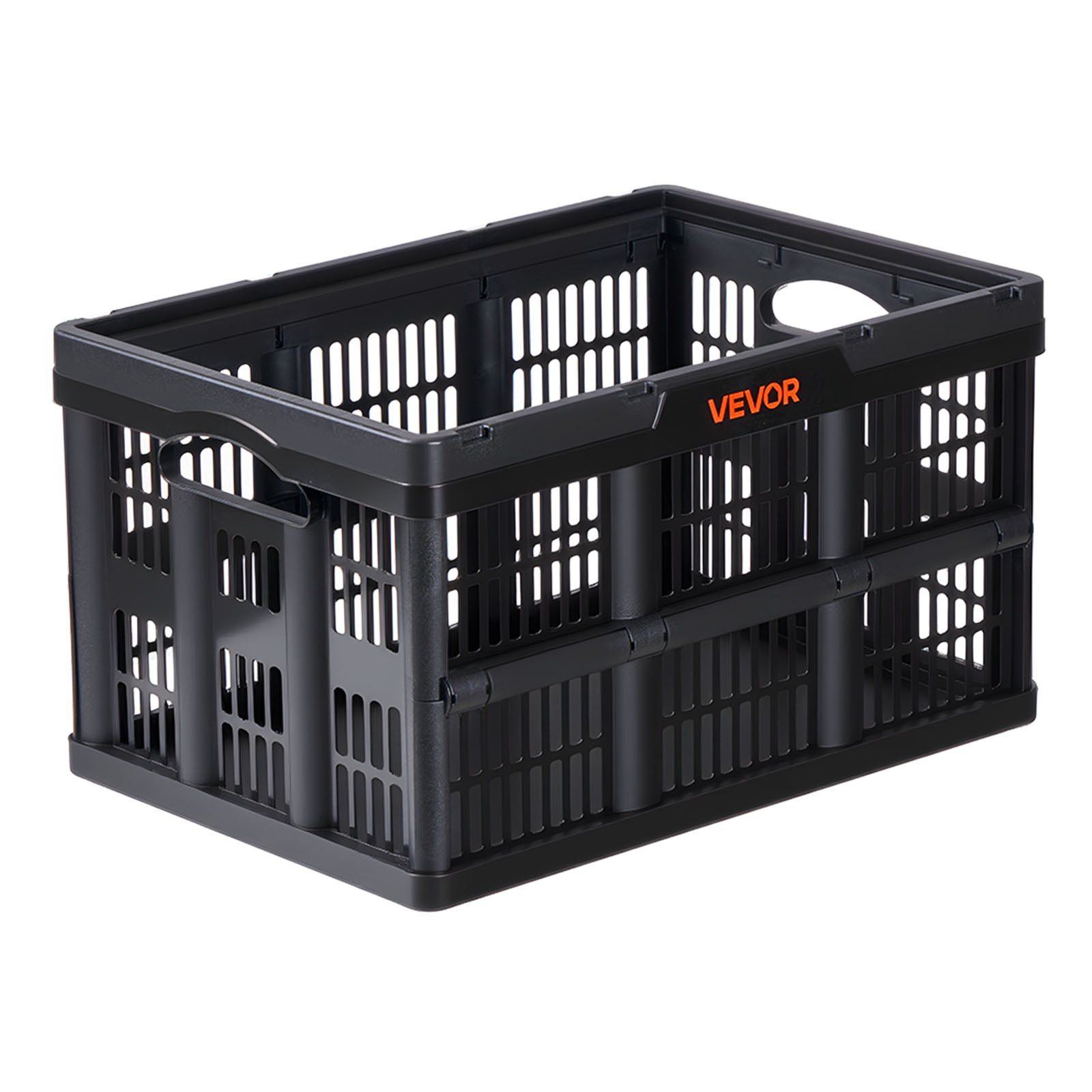 VEVOR Scatole Portaoggetti Pieghevoli in Plastica 45 L, Cassette Pieghevoli Impilabili con Maniglie, Confezione da 3, Portata Massima 15 kg, Cesti Contenitori Pieghevoli Resistenti e Salvaspazio, Nero