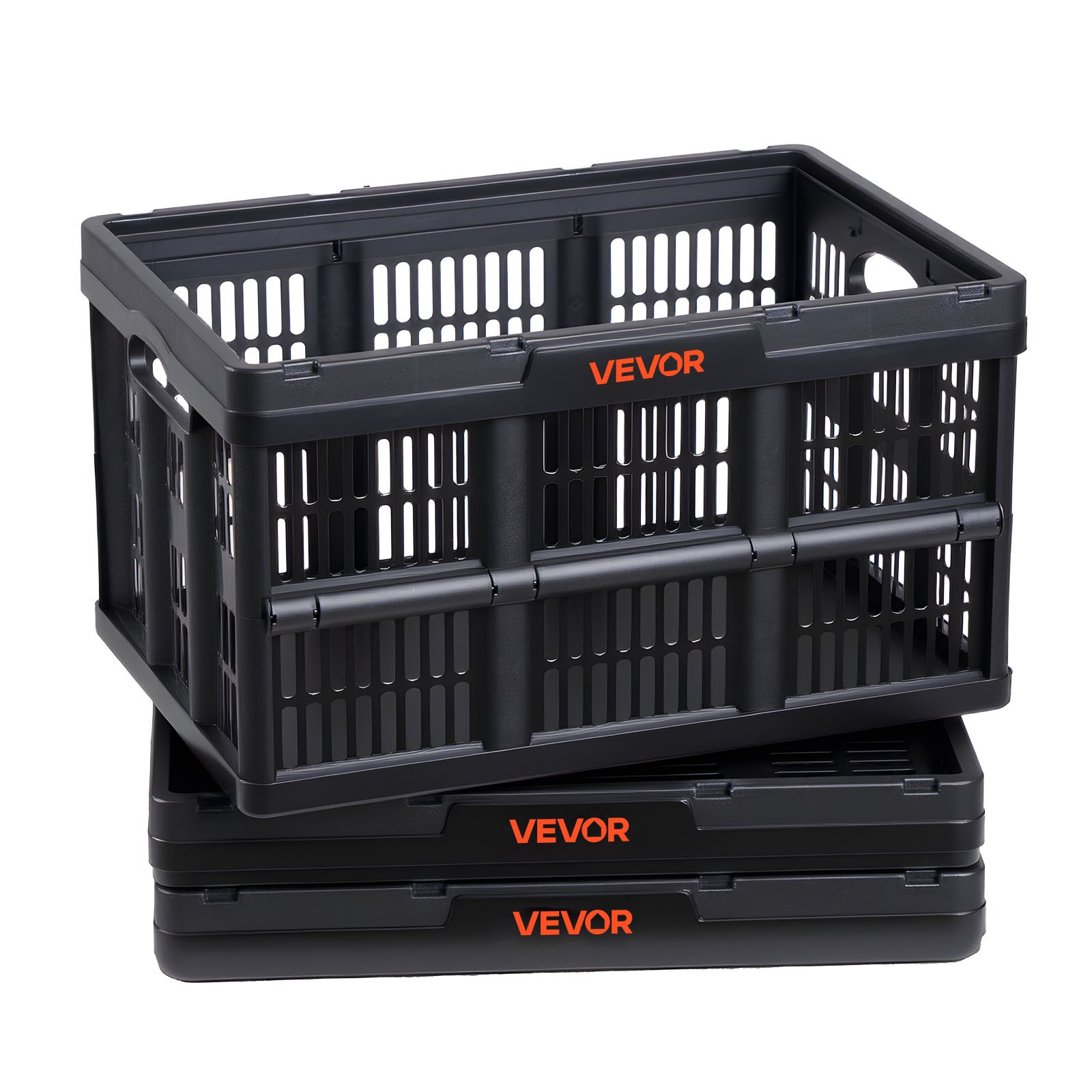 VEVOR Scatole Portaoggetti Pieghevoli in Plastica 45 L, Cassette Pieghevoli Impilabili con Maniglie, Confezione da 3, Portata Massima 15 kg, Cesti Contenitori Pieghevoli Resistenti e Salvaspazio, Nero