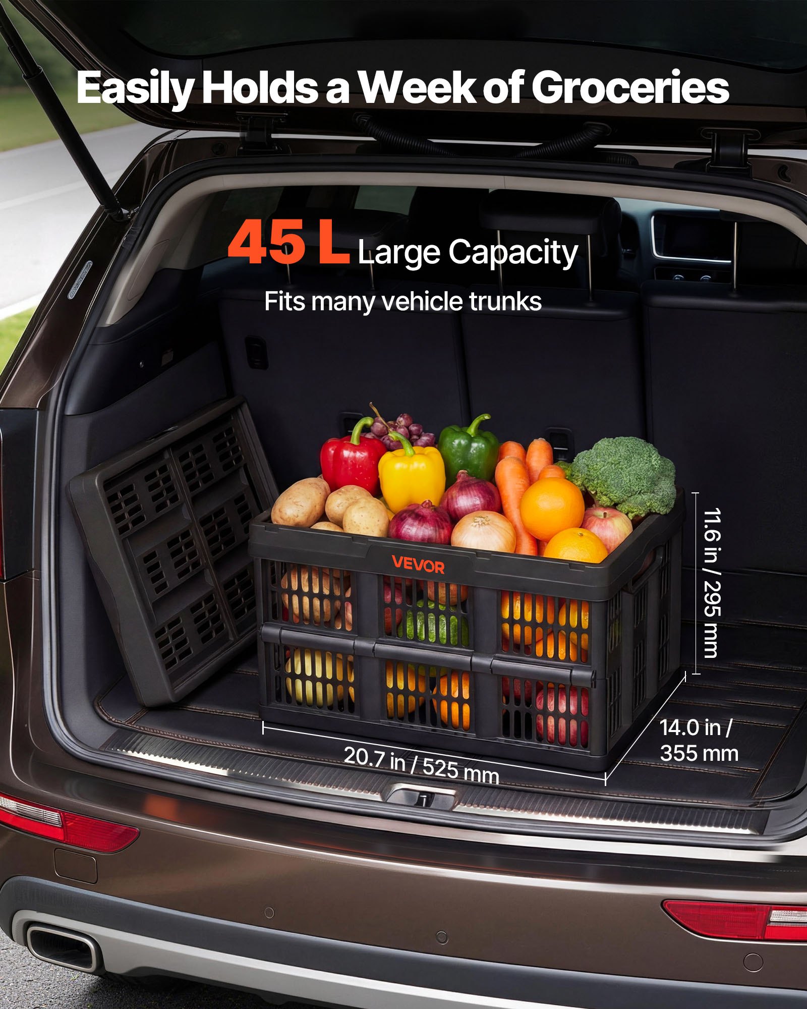 VEVOR Scatole Portaoggetti Pieghevoli in Plastica 45 L, Cassette Pieghevoli Impilabili con Maniglie, Confezione da 3, Portata Massima 15 kg, Cesti Contenitori Pieghevoli Resistenti e Salvaspazio, Nero