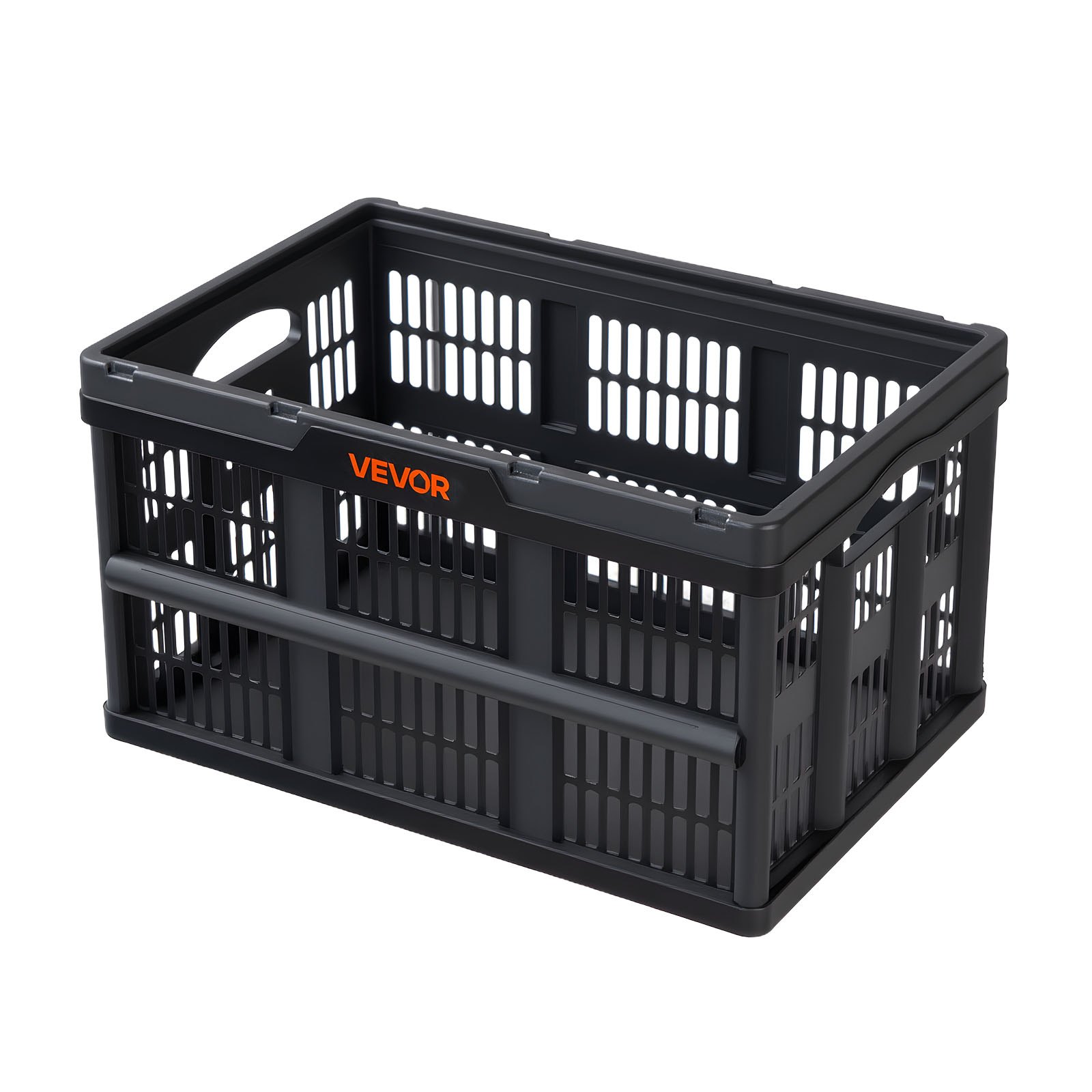 VEVOR Scatole Portaoggetti Pieghevoli in Plastica 45 L, Cassette Pieghevoli Impilabili con Maniglie, Confezione da 3, Portata Massima 15 kg, Cesti Contenitori Pieghevoli Resistenti e Salvaspazio, Nero