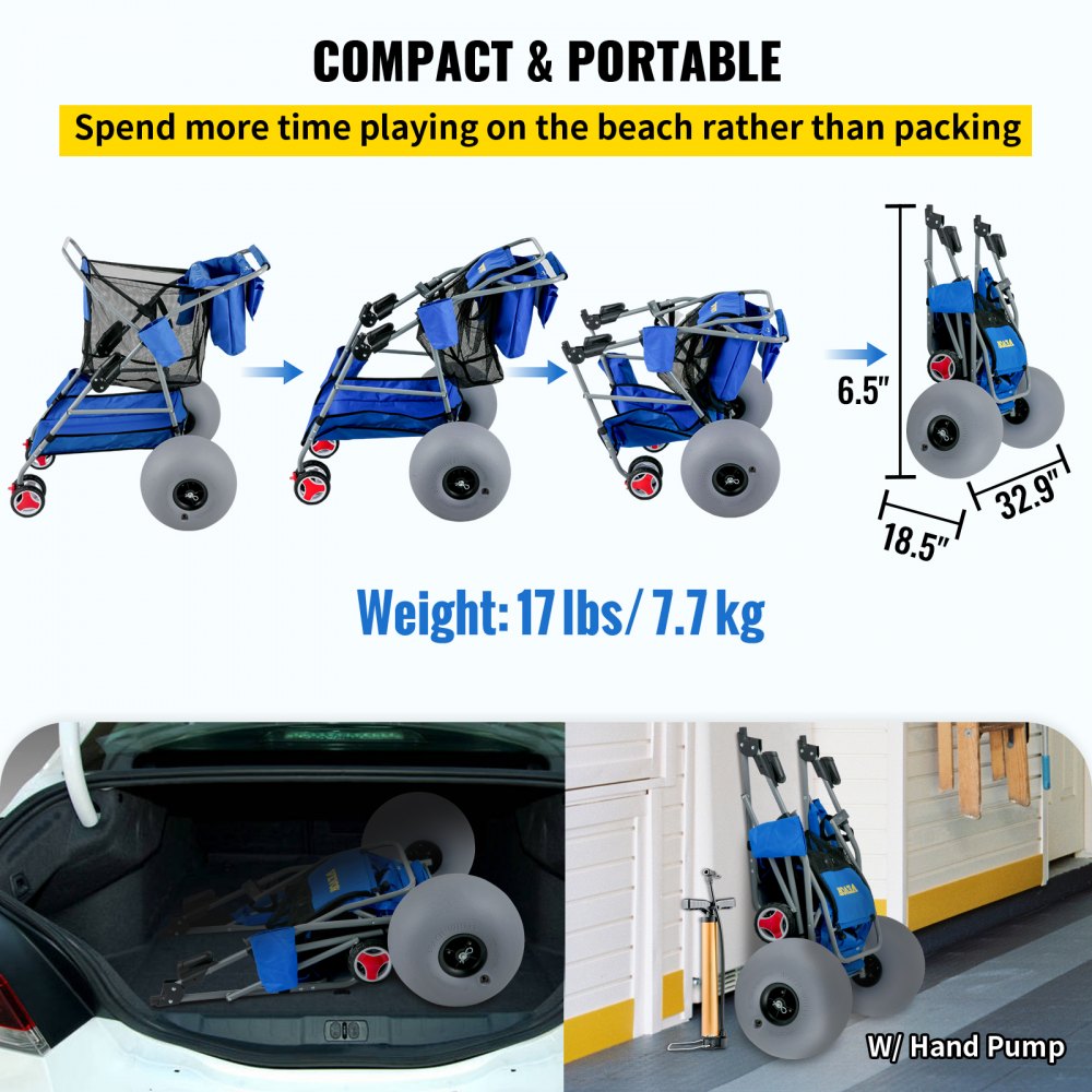 VEVOR Carrello Pieghevole per Spiaggia con 4 Ruote Sacchetti Portaoggetti Capacità Carico Max. 160 kg, Carrello da Spiaggia Pieghevole con Ruote Pneumatiche da Sabbia Portaoggetti per Viaggio Picnic