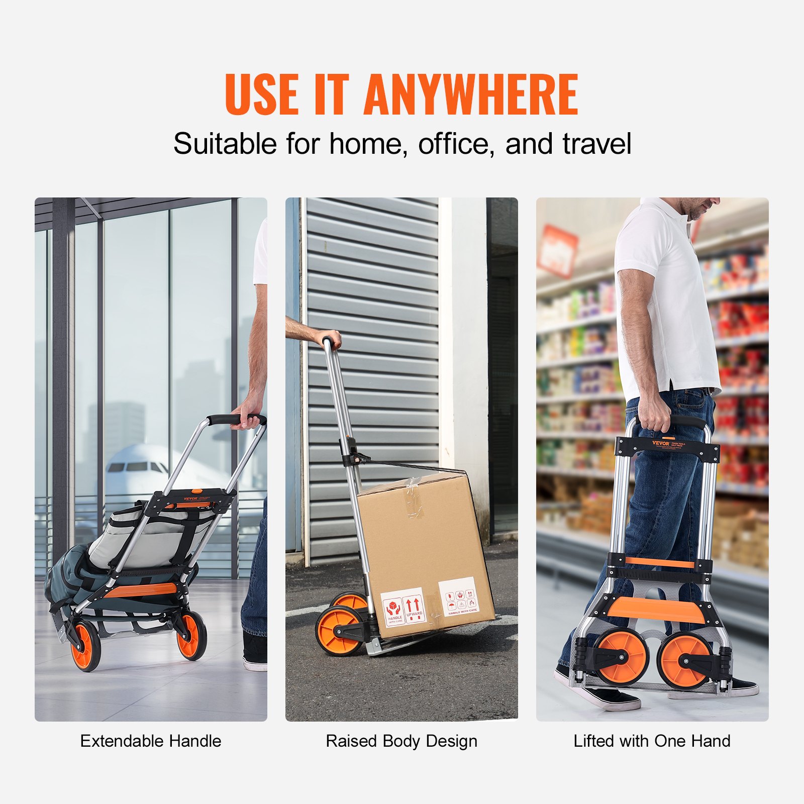 VEVOR Folding Hand Truck, 125kg Capacity, Aluminum Alloy and Plastic Transport Trolley with Adjustable Handle (820-1105mm), Foldable Trolley with Tie-Down Rope, Compact Size for Storage