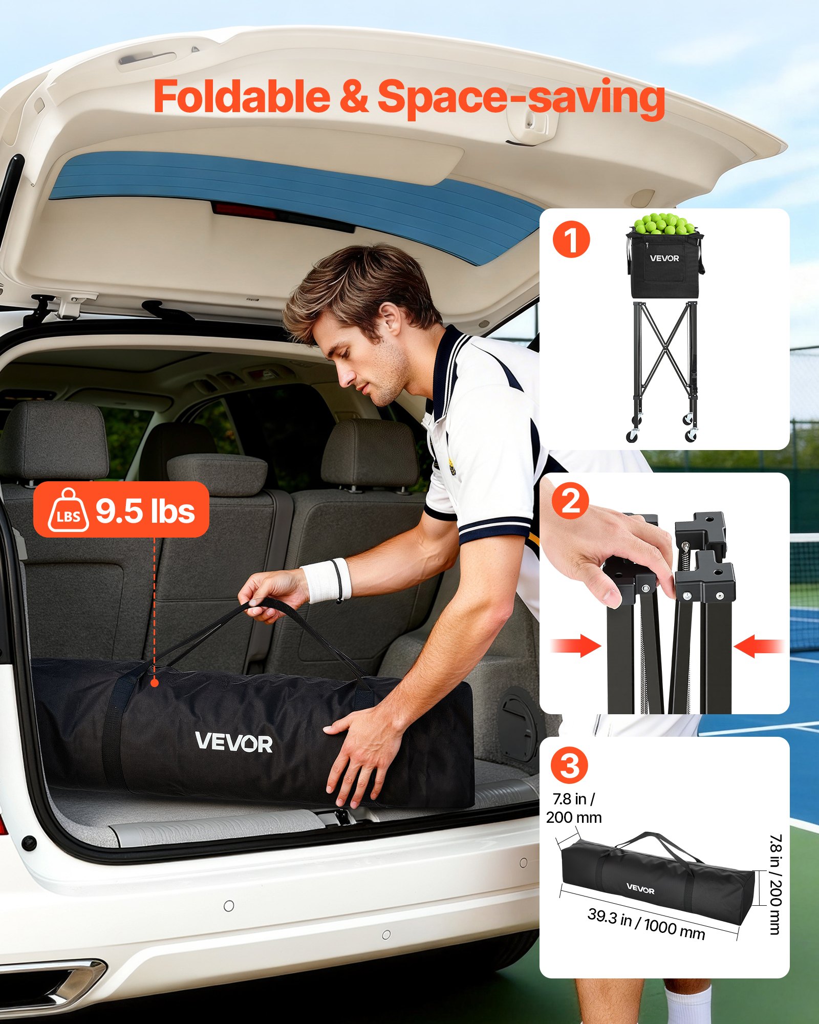VEVOR Carrello Raccoglipalline da Tennis Capacità 150 Palline con Ruote, Cestello Portapalline Pieghevole, Struttura Leggera in Alluminio, Contenitore Portatile per Tennis, Pickleball e Allenamento