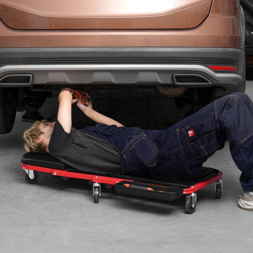 VEVOR Sgabello da Garage Pieghevole Z con Ruote, 914 mm, Capacità 136,1 kg, Vassoio Portautensili a 6 Ruote, Sedile Imbottito, Struttura in Acciaio, Sedia da Sdraiarsi o Sedersi per Garage, Officina