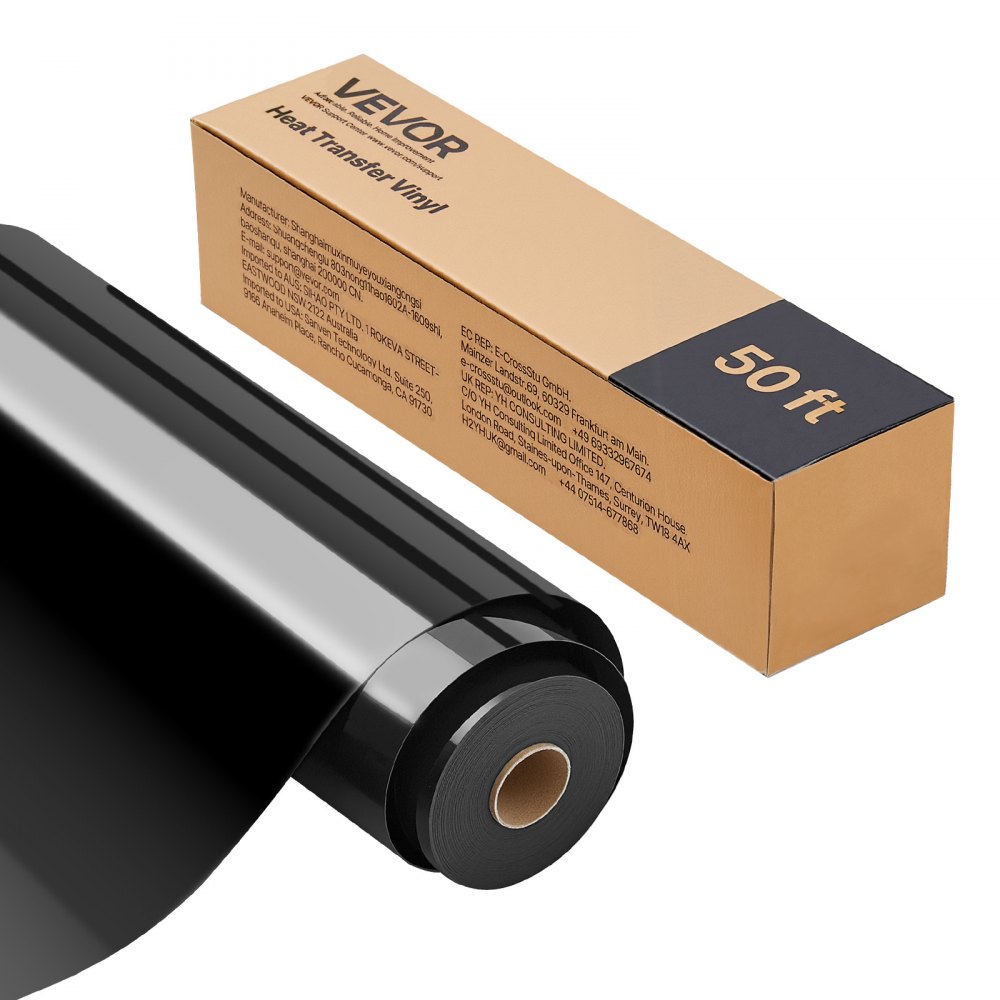 VEVOR Foglio di Rotolo Vinile Termoadesivo per Tessuti 304,8 x 15240 mm, Pellicola per Plotter in Vinile a Trasferimento Termico per Macchine da Taglio, per Magliette Cuscini Cappelli, HTV, Nero