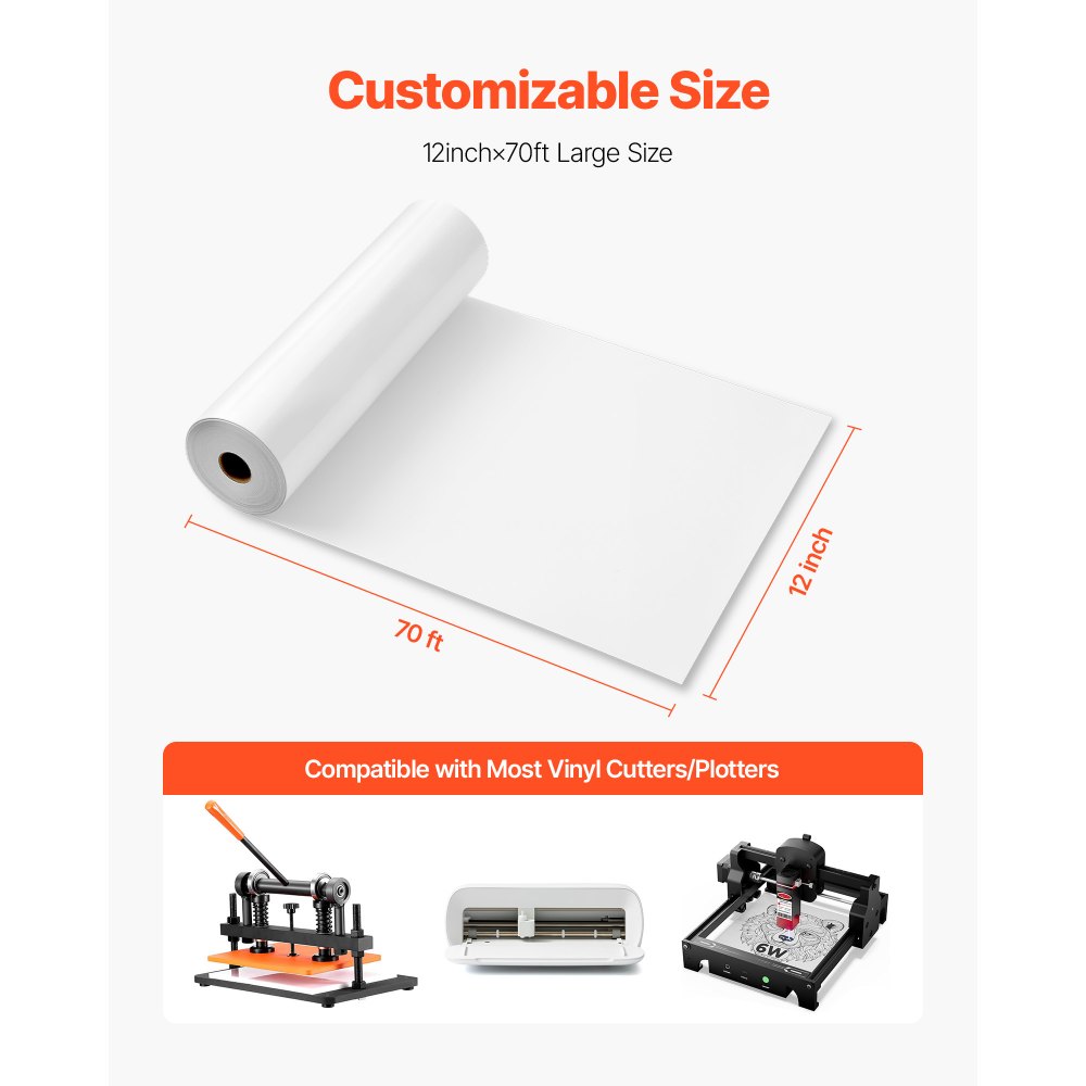 VEVOR Heat Transfer Vinyl, 304.8 x 21336mm, Glossy White HTV Iron on Vinyl Roll, Easy to Cut and Weed, Strong Adhesion, Compatible with Cutting Machines, for Various Materials, T-shirts, Pillows, Hats