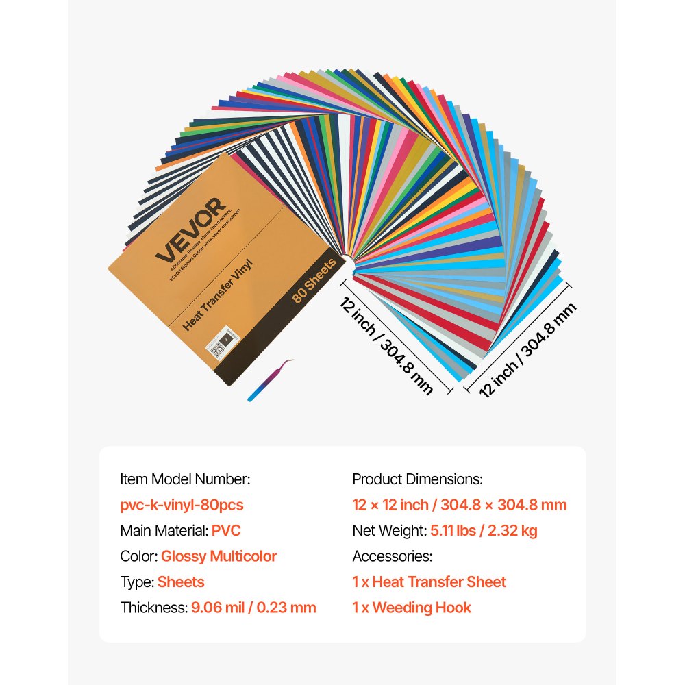 VEVOR Vinile Termoadesivo Carta 304,8 x 304,8 mm 80 Fogli Multicolori Pellicola per Plotter in Vinile a Trasferimento Termico per Macchine da Taglio, Pellicola Termoadesiva per Magliette, Cappelli