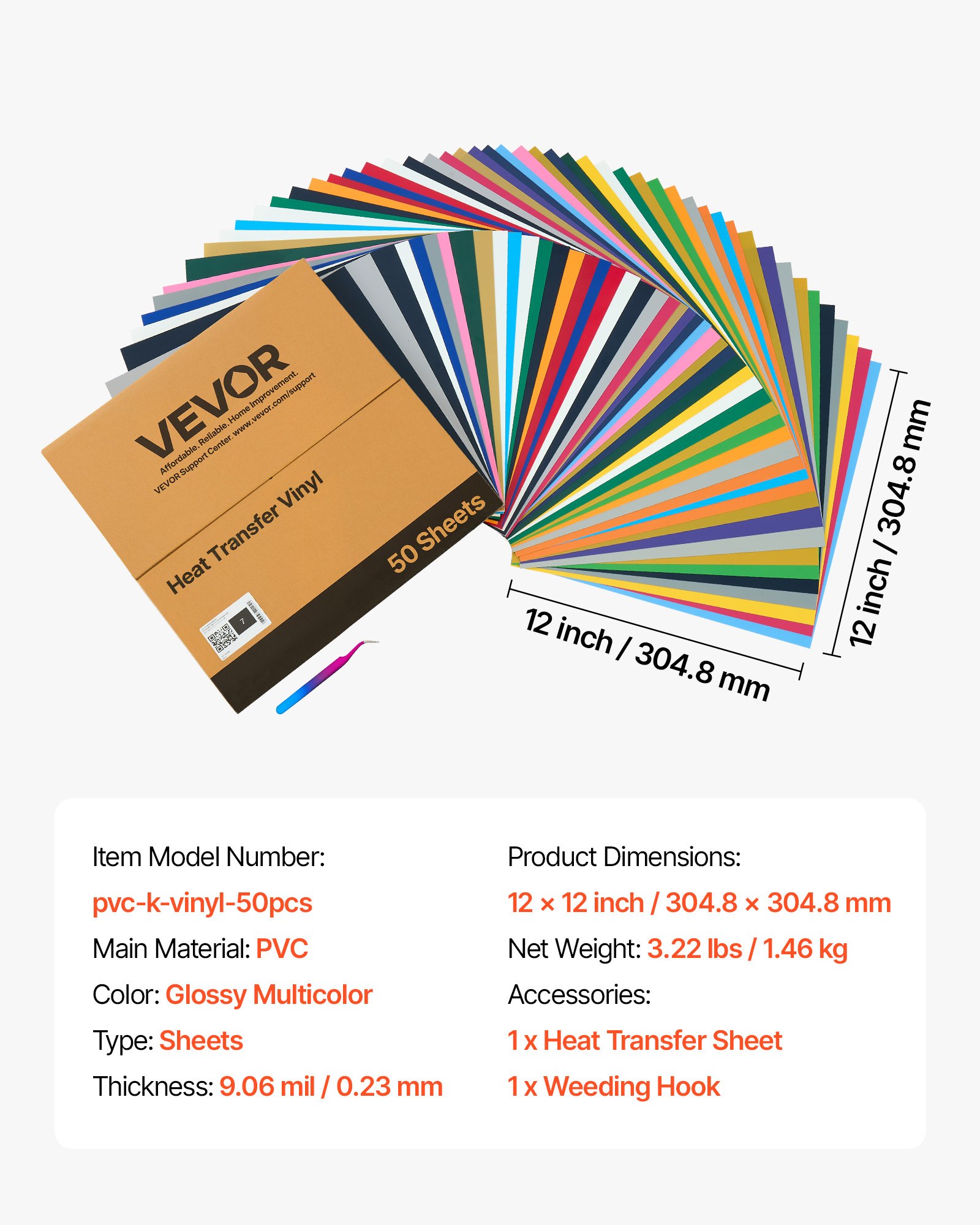 VEVOR Vinile Termoadesivo Carta 304,8 x 304,8 mm 50 Fogli Multicolori Pellicola per Plotter in Vinile a Trasferimento Termico per Macchine da Taglio, Pellicola Termoadesiva per Magliette, Cappelli