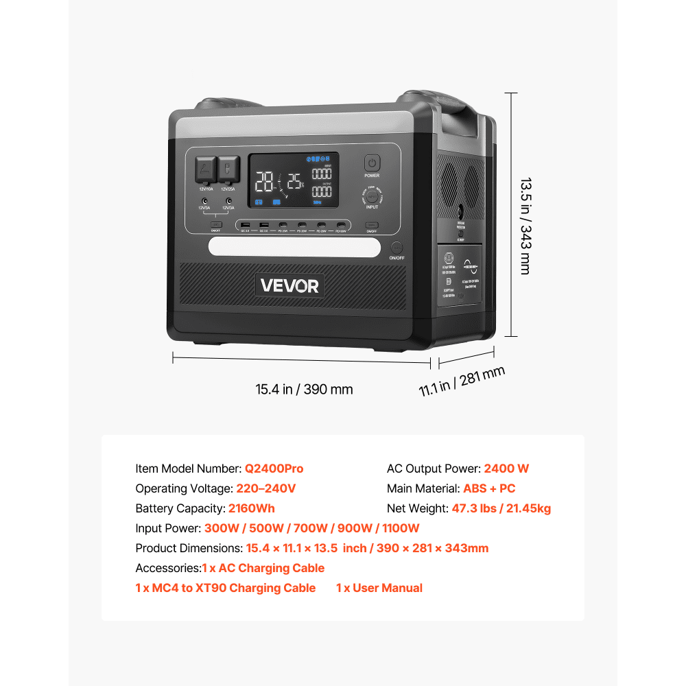 VEVOR Portable Power Station, 2400W 2160Wh Power Station Solar Generator with 10 Output Ports & Adjustable Input Power, Expandable LiFePO4 Battery Backup for Home Camping RV (Solar Panel NOT Included)