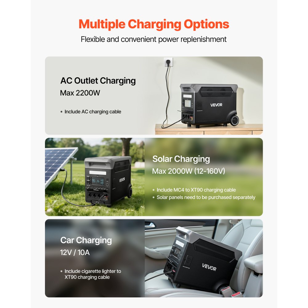 VEVOR Centrale Elettrica Portatile, Generatore Solare da 3600 W e 3840 Wh con 10 Porte di Uscita, Batteria di Backup LiFePO4 Espandibile per Camper, Campeggio, Senza Pannello Solare