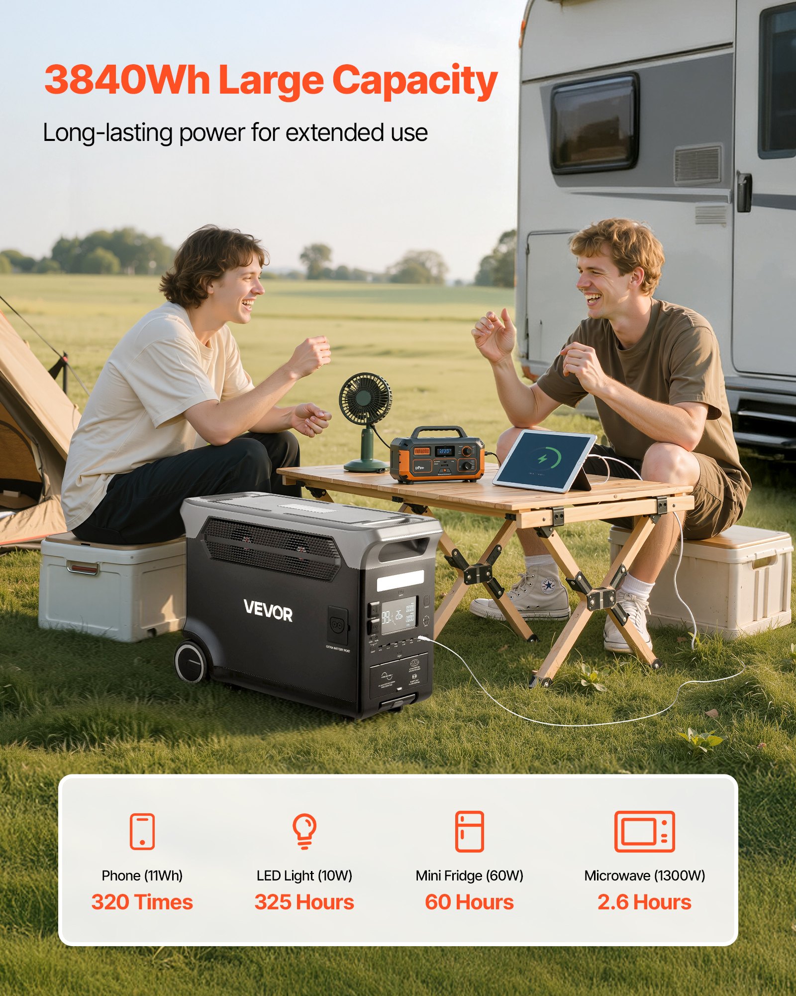 VEVOR Centrale Elettrica Portatile, Generatore Solare da 3600 W e 3840 Wh con 10 Porte di Uscita, Batteria di Backup LiFePO4 Espandibile per Camper, Campeggio, Senza Pannello Solare