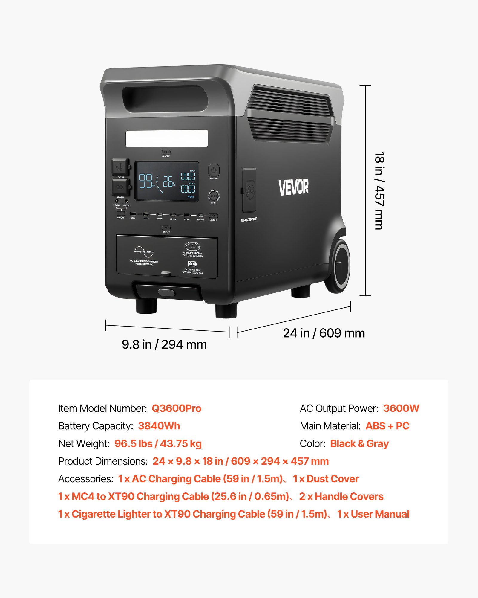 VEVOR Centrale Elettrica Portatile, Generatore Solare da 3600 W e 3840 Wh con 10 Porte di Uscita, Batteria di Backup LiFePO4 Espandibile per Camper, Campeggio, Senza Pannello Solare