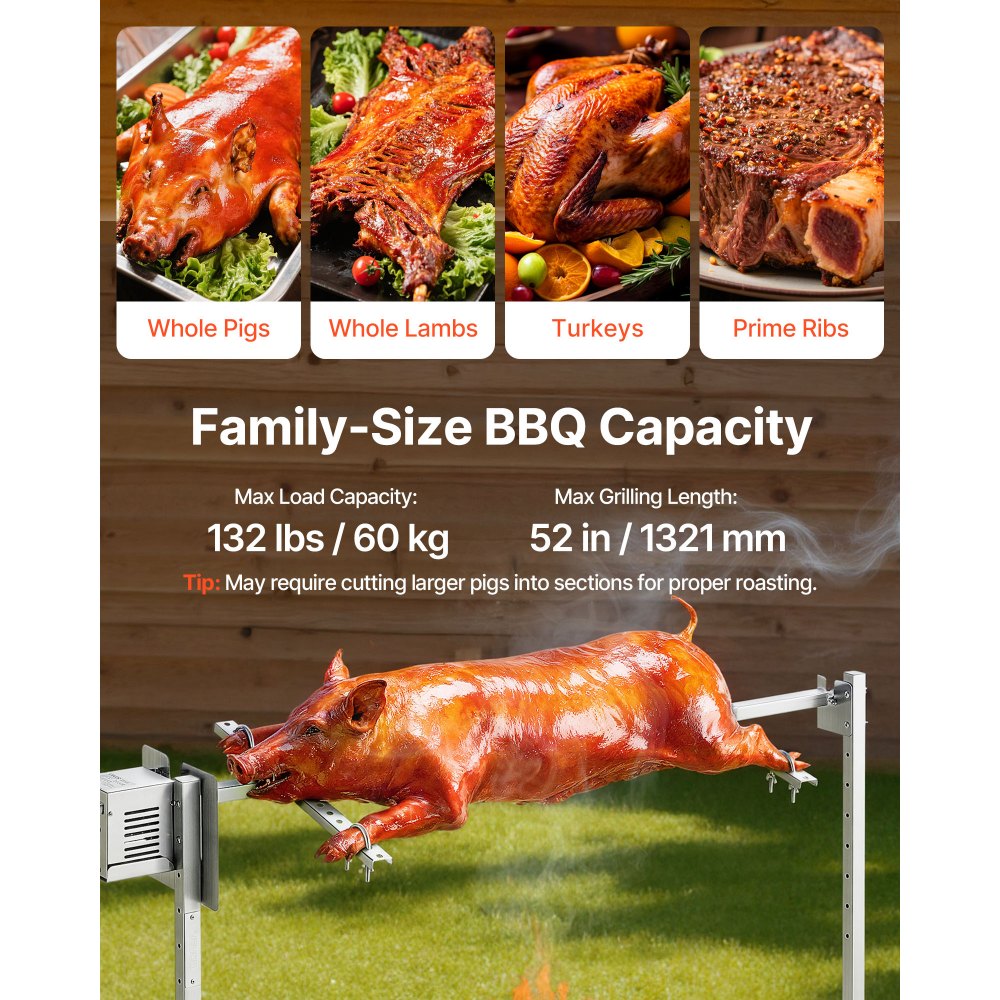 VEVOR Griglia per Arrosto da Barbecue da 1321 mm, AC 220-240 V, Set Griglia per Girarrosto Elettrico a 8 Stadi con Capacità di Carico di 60 kg, Motore da 38 W, per Feste, Riunione di Famiglia